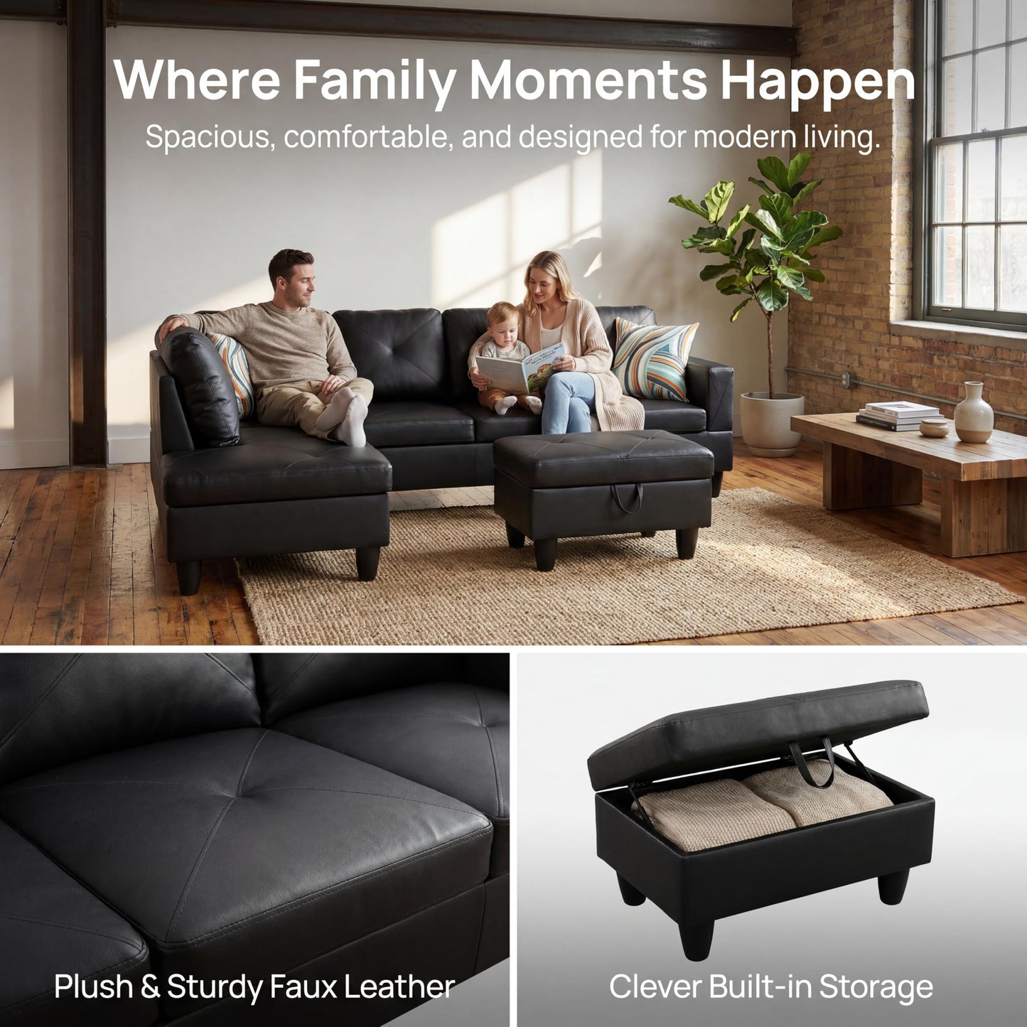 Topcomfy Leather L Shaped Sectional Couches for Living Room - 97.5“ x 66.5" Modular Sectional Sofa with Storage Ottoman, 4 Seat Home Sofa Living Room Furniture Sets with Chaise for Apartment, Black
