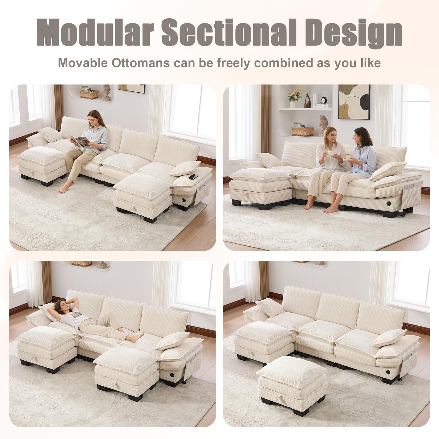 130" Oversized Modular Cloud Sectional Sofa Convertible U/L Shaped Couch Sets for Living Room - 6 Seater Corduroy Cloud Cushion Couches with Storage Ottomans and Pillow Armrest