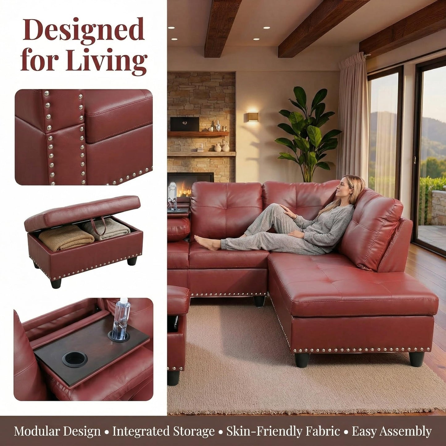Topcomfy Red Sectional Couches for Living Room with Movable Chaise & Storage Ottoman - 97.5" Leather L Shaped Couches for Living Room Apartment, Home Modular Sectional Sofas with Cup Holder