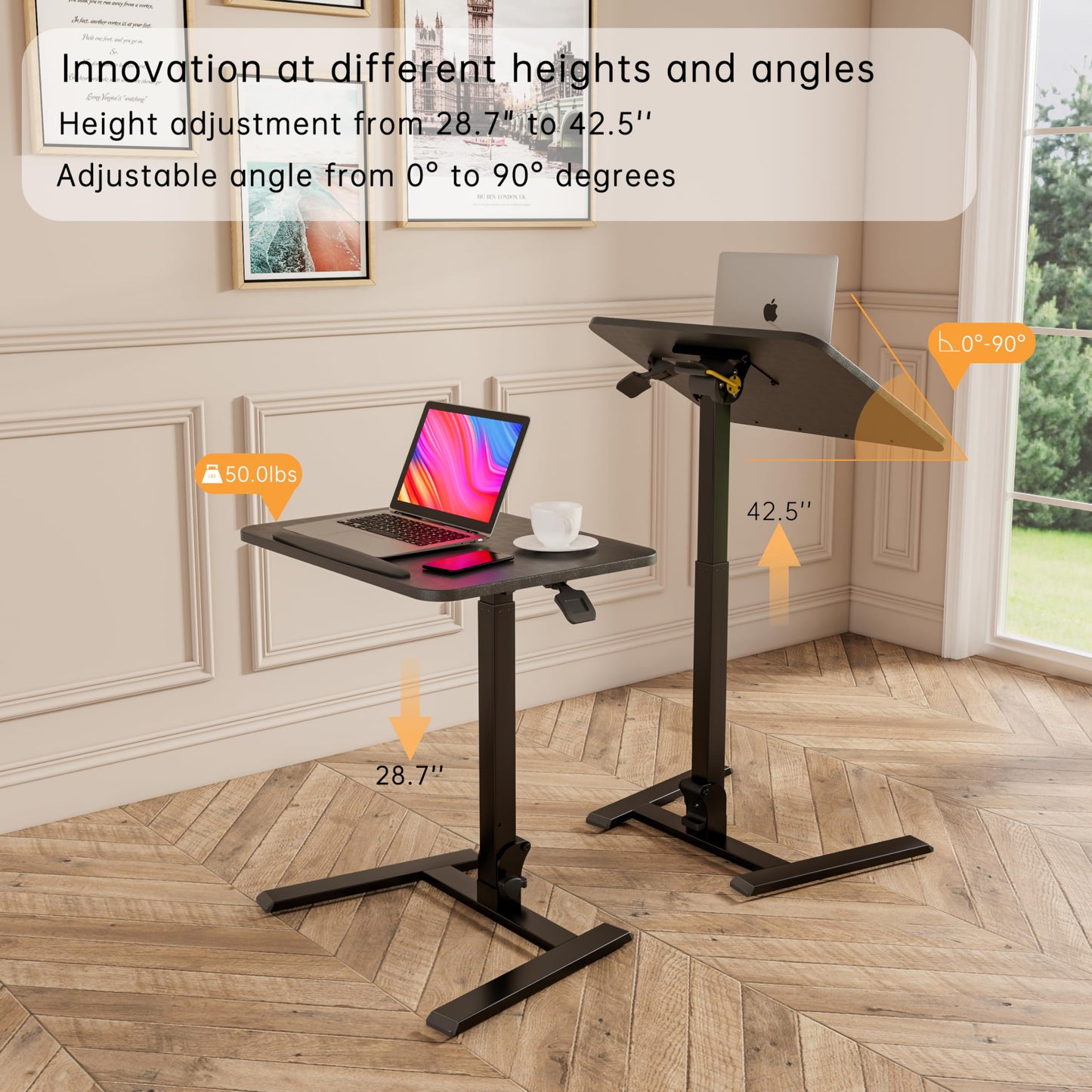 alawooder 25 Inch Mobile Folding Desk - No Assembly, Pneumatic Sit-Stand, 29-42" Height Adjustable Rolling Laptop Desk with Hidden Wheels, 0-90° Tilt Top for Home Office, Craft & Study