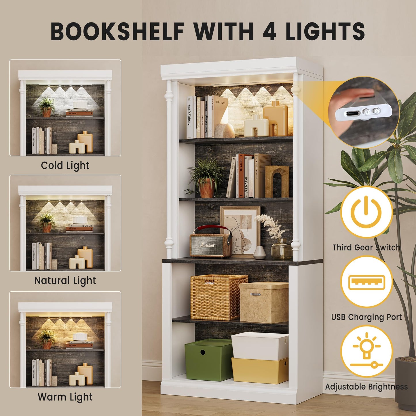 IDEALHOUSE 5-Tier Bookshelf with LED Lights, Adjustable Shelves, Roman Column Display Bookcase for Living Room, Bedroom, White