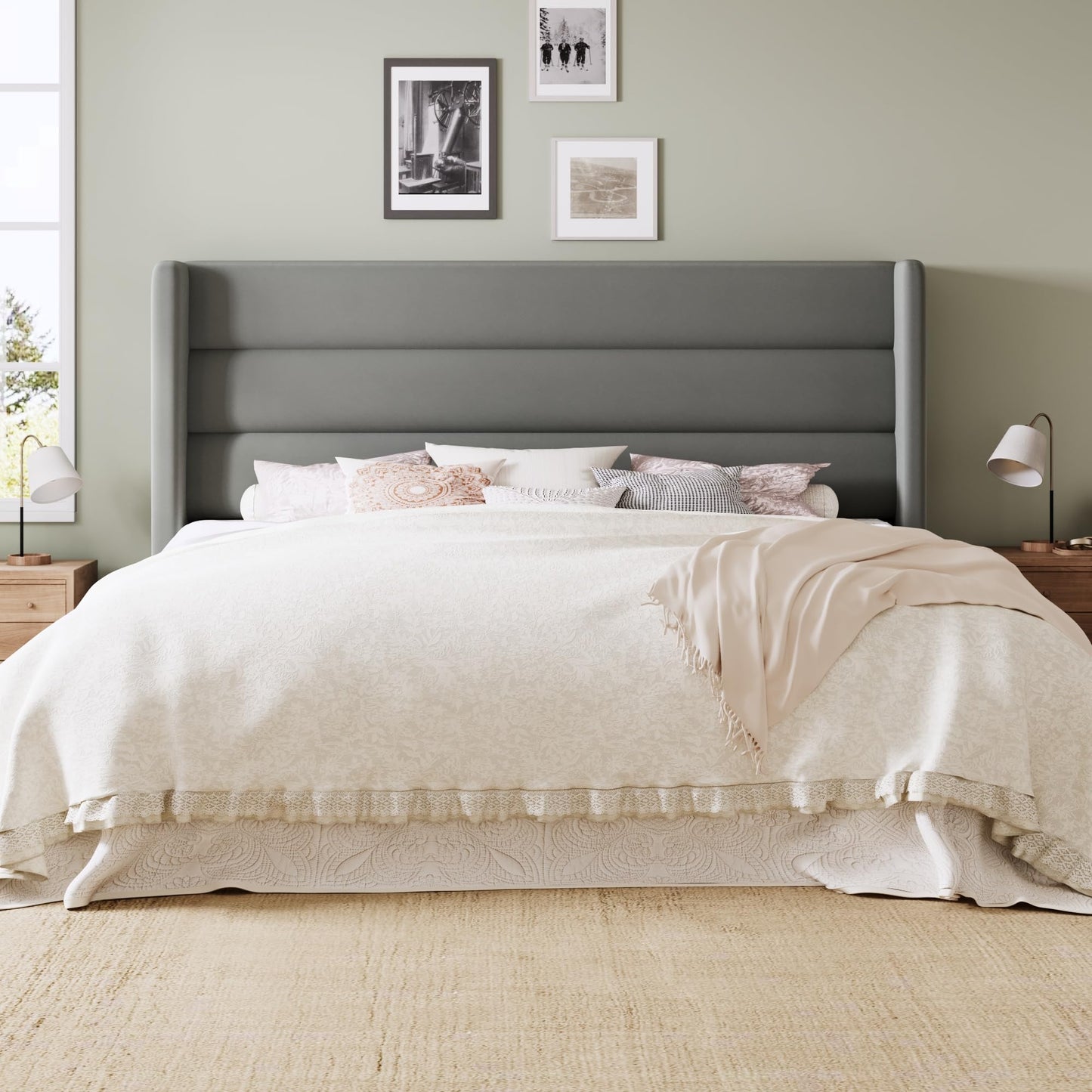 Allewie King Size Platform Bed Frame with Velvet Upholstered Wingback Headboard, No Box Spring Needed, Under Bed Storage Space, Strong Wooden Slats, Modern Mattress Foundation, Easy Assembly, Grey