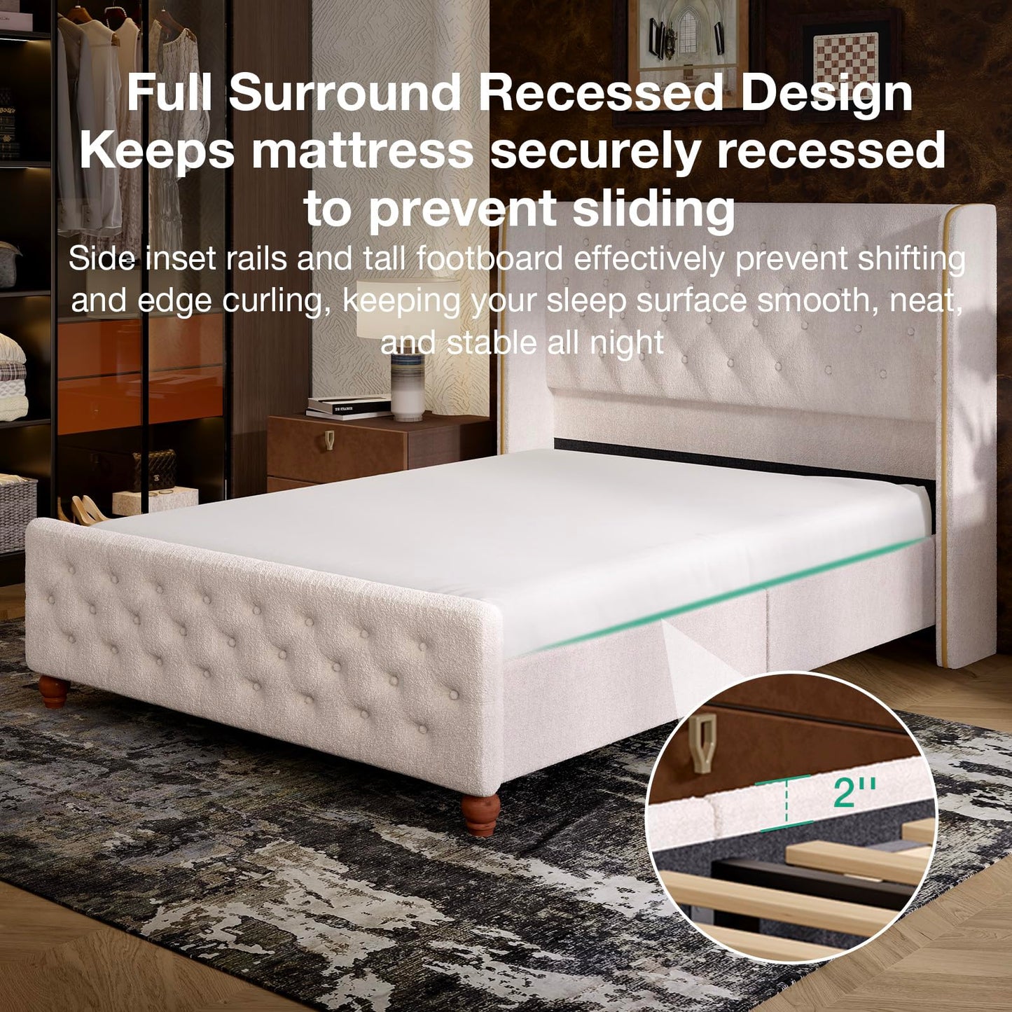 Novilla Bed Frame Queen Size, Queen Bed Frame with Headboard, Sea-Lion Velvet Upholstered Tall Queen Bed Frame with Wingback and Footboard, Button Tufted/No Box Spring Needed/Heavy Duty Feet/Cream