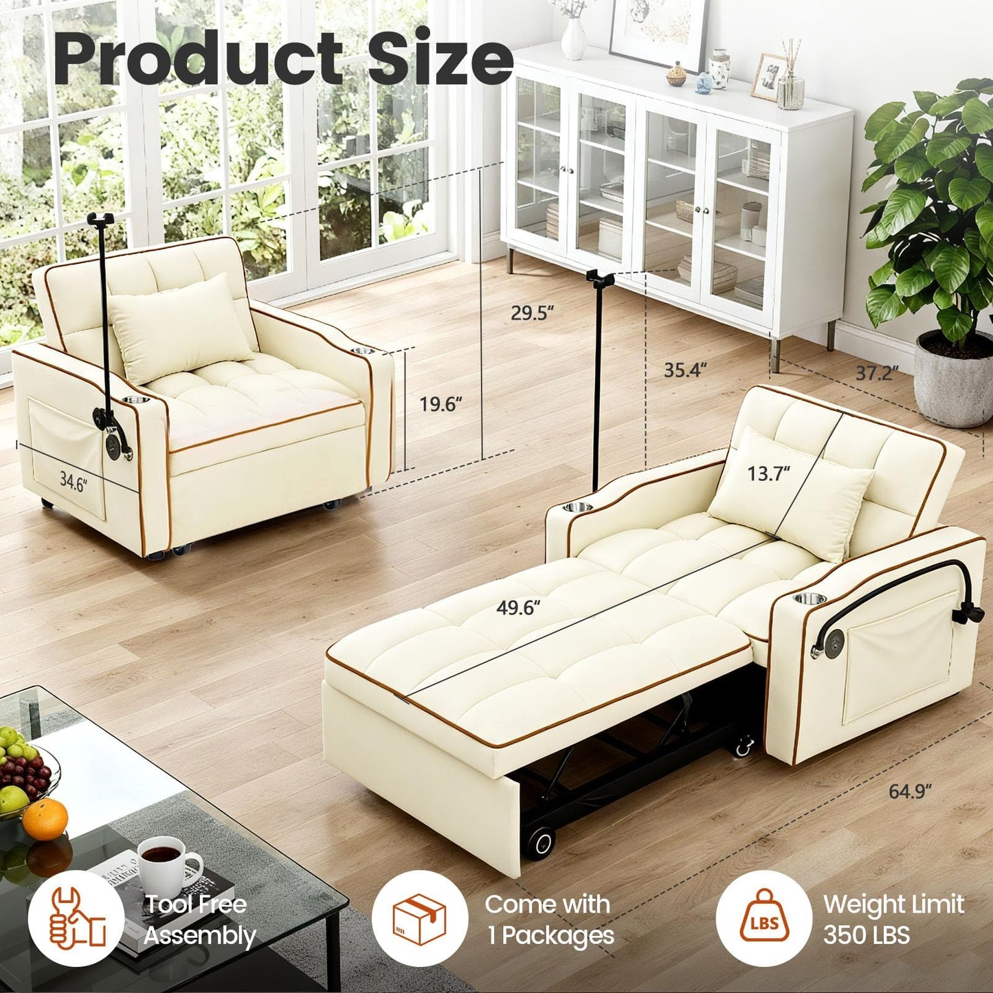 Trygoal Convertible Sleeper Chair, Chairs Bed Sleepers for Adults, Pull Out Chair Sleeper with Bracket and Cup Holder, 3 in 1 Sofa Bed Chairs for Small Spaces, Living Room, White