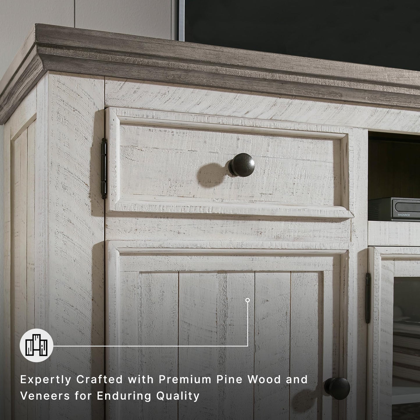 Signature Design by Ashley Havalance 4-Piece Entertainment Center, Wall Unit TV Stand with Shelves, Pine Wood, Pine Veneer and Engineered Wood Construction for Living Rooms, White & Gray