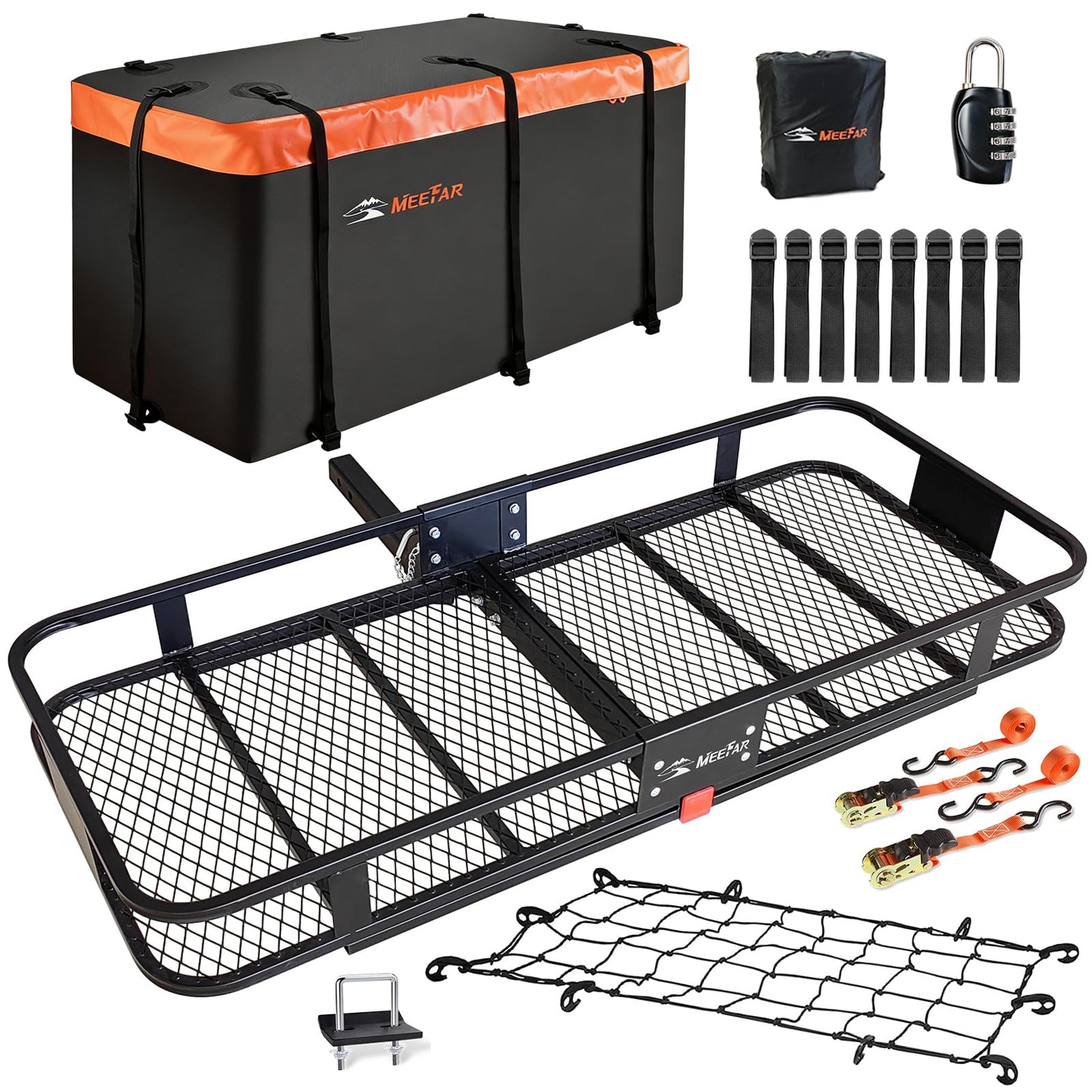 Hitch Mount Cargo Carrier Basket 60"*25"*6"+Waterproof Bag 25 Cubic Feet(60"*24"*31"),and Cargo Net with Attachment Hooks,Ratchet Straps,Hitch Stabilizer.500 Lbs Capacity,Foldable,fit 2" Receiver