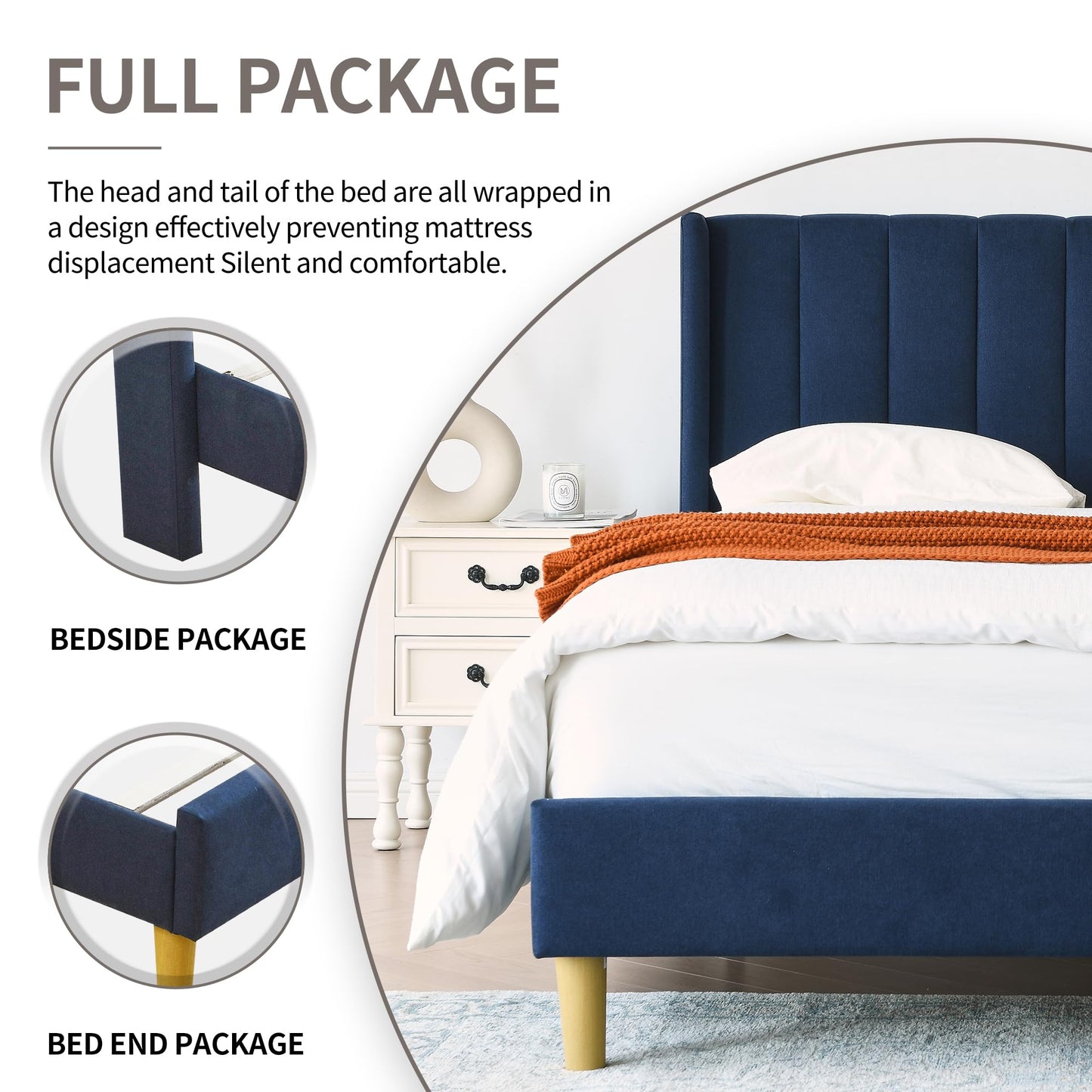 YUHUASHI upholstered Platform Bed Frame/Queen Bed Frame/Modern Geometric Double-Wing Design headboard/Linen Fabric/Easy to Assemble no Noise (Navy Blue, Queen (U.S. Standard))