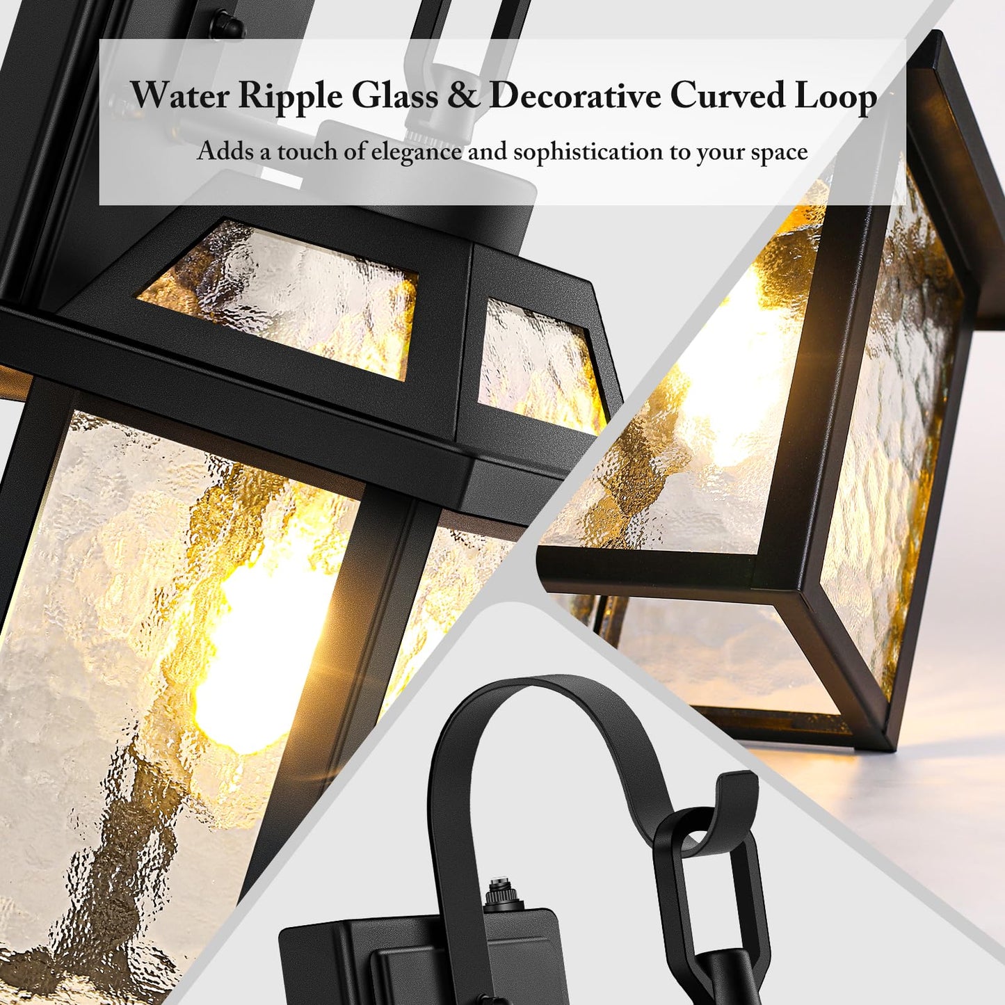 BesLowe Dusk to Dawn Outdoor Wall Lights, Black Metal, 13.8in 2-Pack, Model 30266S, Water Ripple Glass Sconces