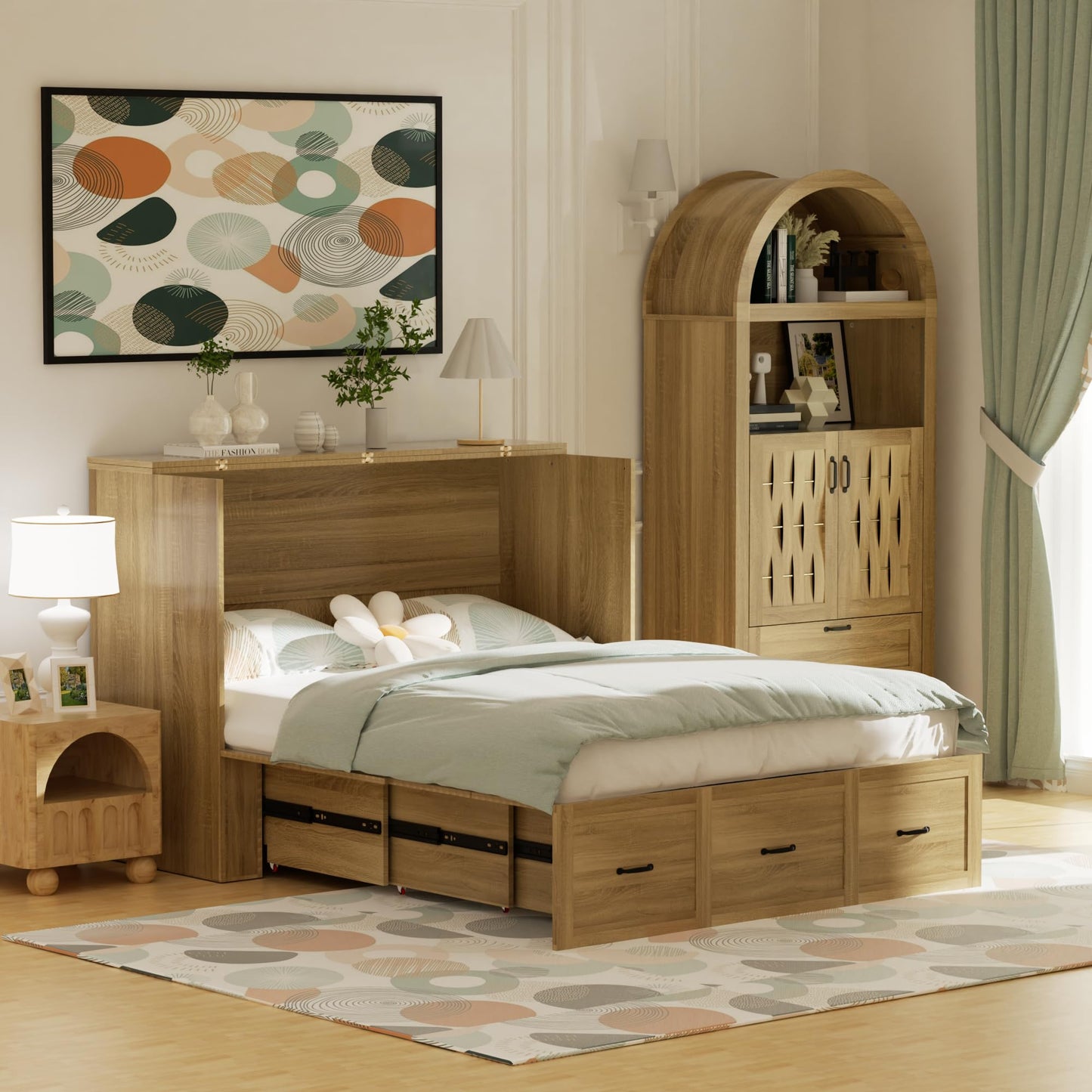 QUNTTINA Full Size Murphy Bed Wood Wall Bed Cabinet with Large Drawer Space-Saving Hidden Foldable Platform Bed Chest Mobile Cabinet Bed Frame Storage Cabinet with USB Ports for Bedroom, Guest Room