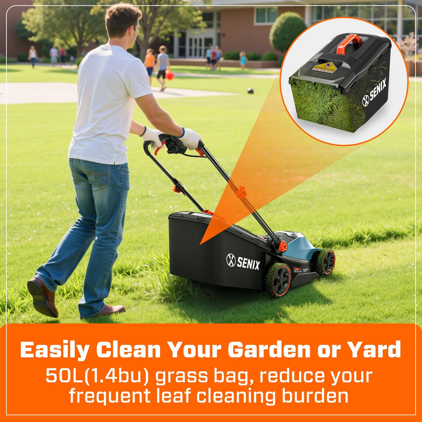 SENIX 40V 17" Electric Lawn Mower, Battery Powered Cordless Lawnmower, 2-in-1 Brushless Walk-Behind Push Mowers, 6 Heights Adjustment, cortadora de pasto, Includes 2x5Ah Batteries & Charger, LPPX2-M5