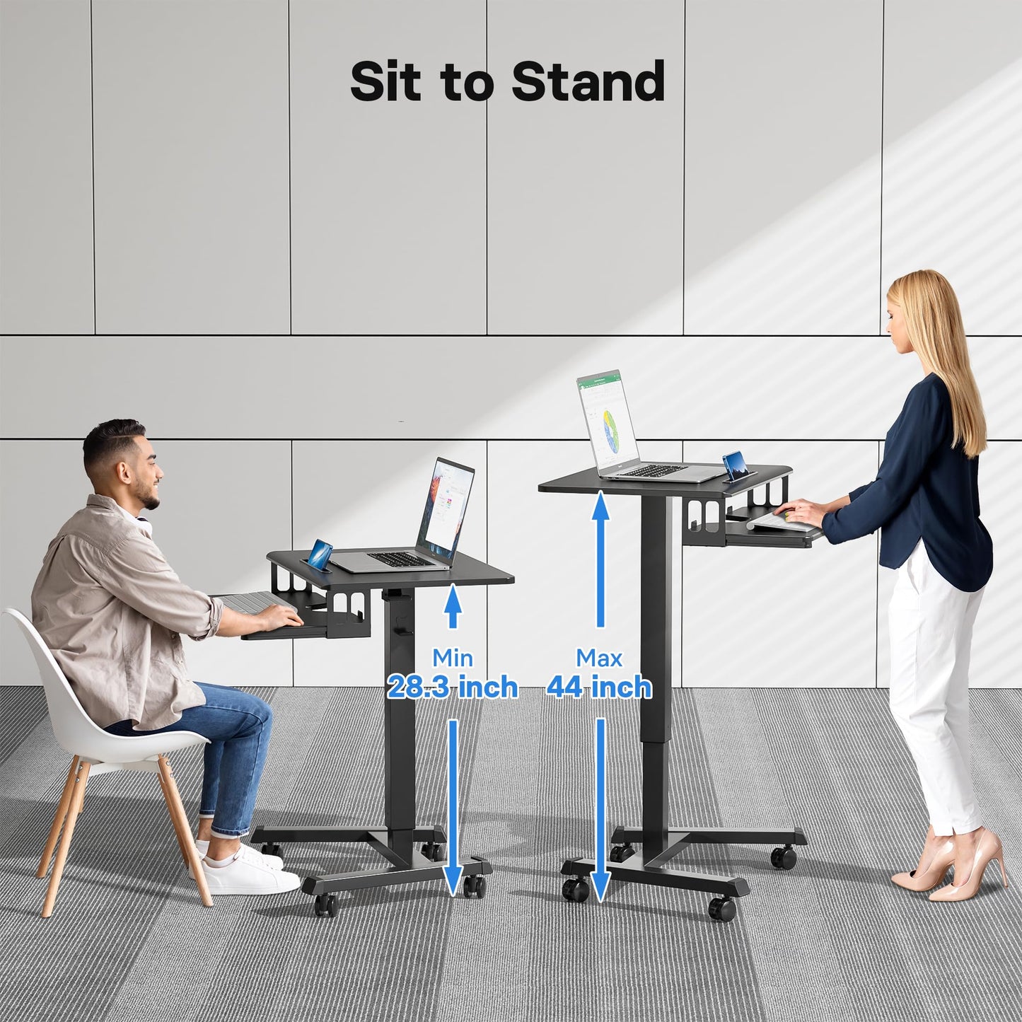 BONTEC Mobile Standing Desk with Keyboard Tray, Mobile Podium, Rolling Laptop Sit Stand Desk on Wheels, Adjustable Height Desk Up to 33lbs, Portable Computer Workstation Cart for Living Room, Office