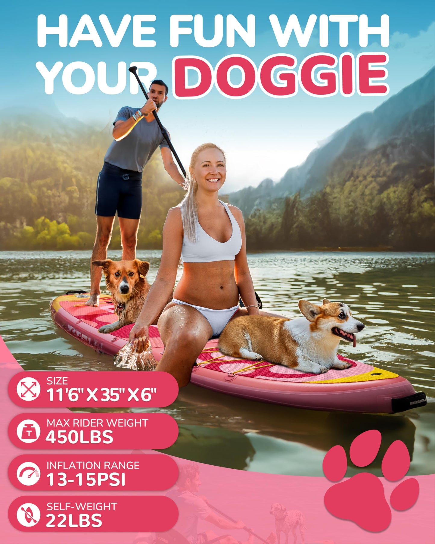 BIGFLY 11'6"x35"x6" Inflatable Non-Slip Stand Up Paddle Boards with Kayak Paddle 4pcs, Kayak Seat, Anti-Slip Scratch Resistant Widened SUP Board for Pet Dog Family Board Travel Leisure