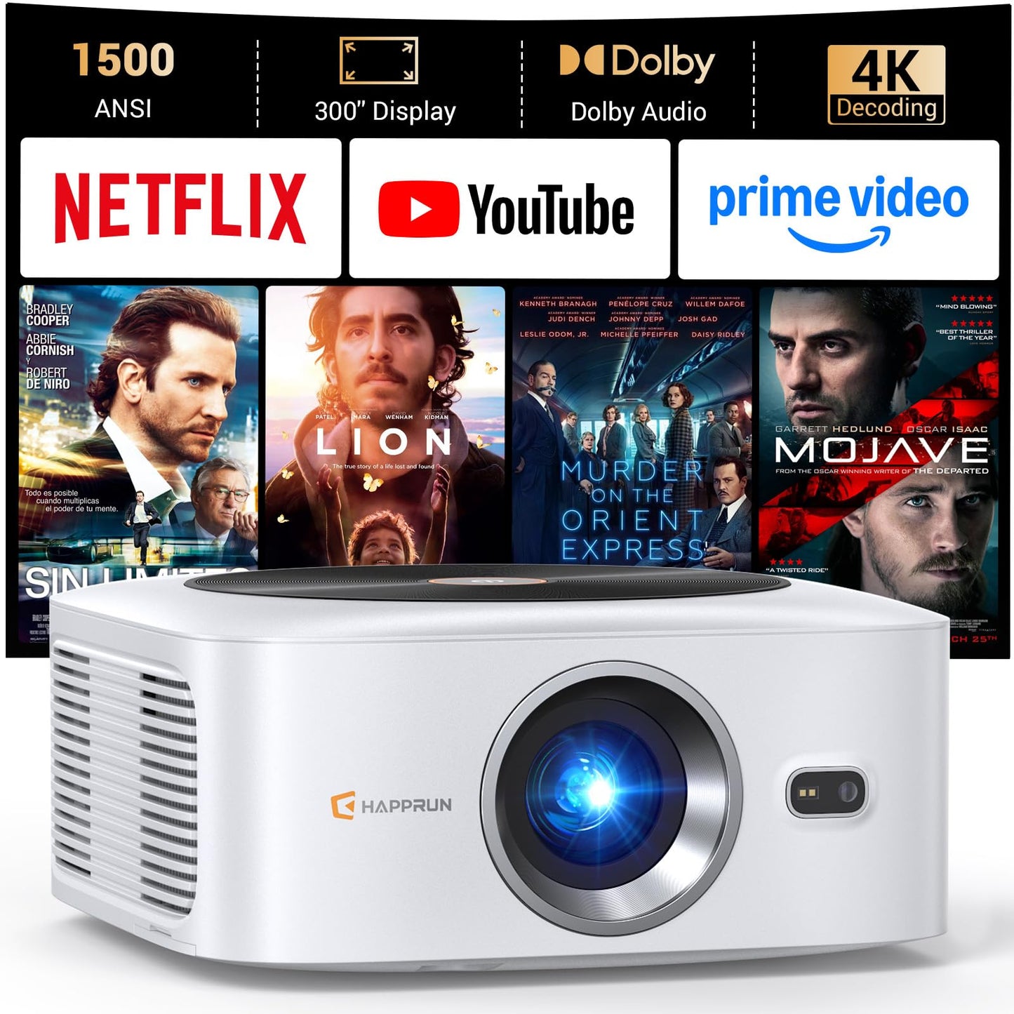 HAPPRUN 1500 ANSI Lumens Outdoor Projector with Built-in Streaming Apps, 4K Decoding Resolution, Auto Focus, Dolby Audio, Smart Projector with WiFi 6 and Bluetooth 5.2, Indoor Home Theater