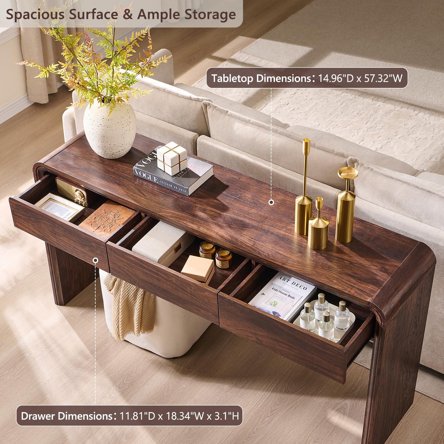 Aitjunz 63'' Console Table with 3 Drawers, Modern Entryway Table with Curved Profile Design, Narrow Long Wood Sofa Table Behind Couch Table for Living Room, Hallway, Foyer, Brown