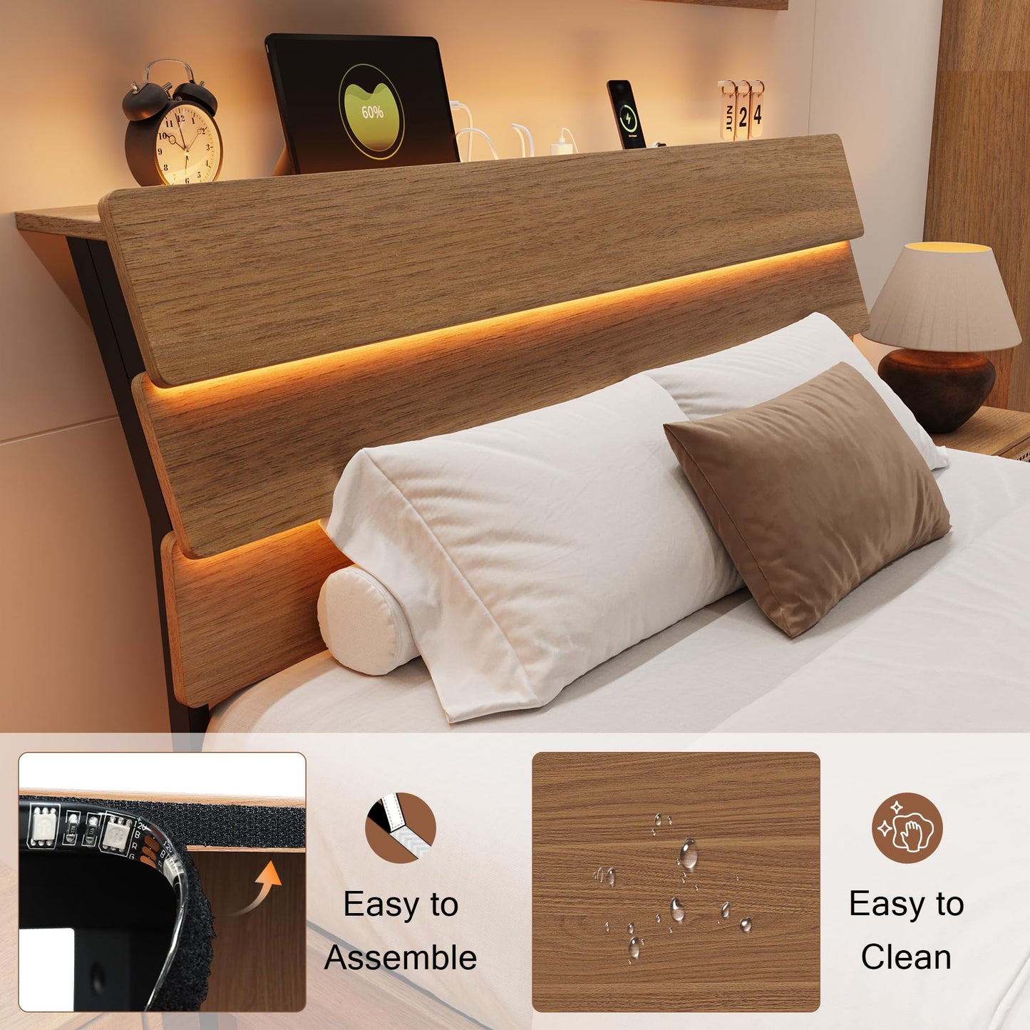 Einhomn Floating Bed Frame Full with Led Lights and Charging Station, Full Size Platform Bed Frame w/Storage Headboard, Heavy Slats Support, No Box Spring Needed, Noise Free, Easy Assembly, Walnut