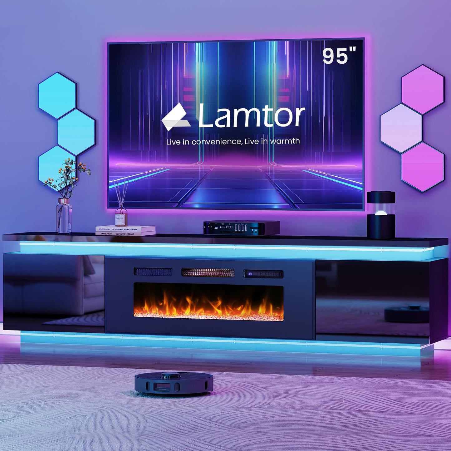 Lamtor Fireplace TV-Stand with 40" Fireplace - 2 LED Light TV-Stand for 90 95 inch TVs - Entertainment Center with 4 AC Power Outlets - 2 Tier TV Consoles Stand for Living Room, Black