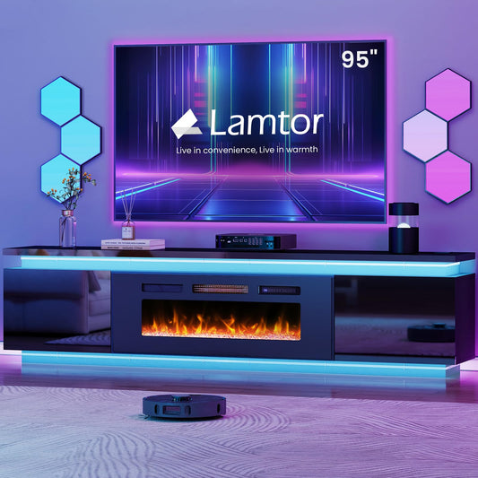 Lamtor Fireplace TV-Stand with 40" Fireplace - 2 LED Light TV-Stand for 90 95 inch TVs - Entertainment Center with 4 AC Power Outlets - 2 Tier TV Consoles Stand for Living Room, Black