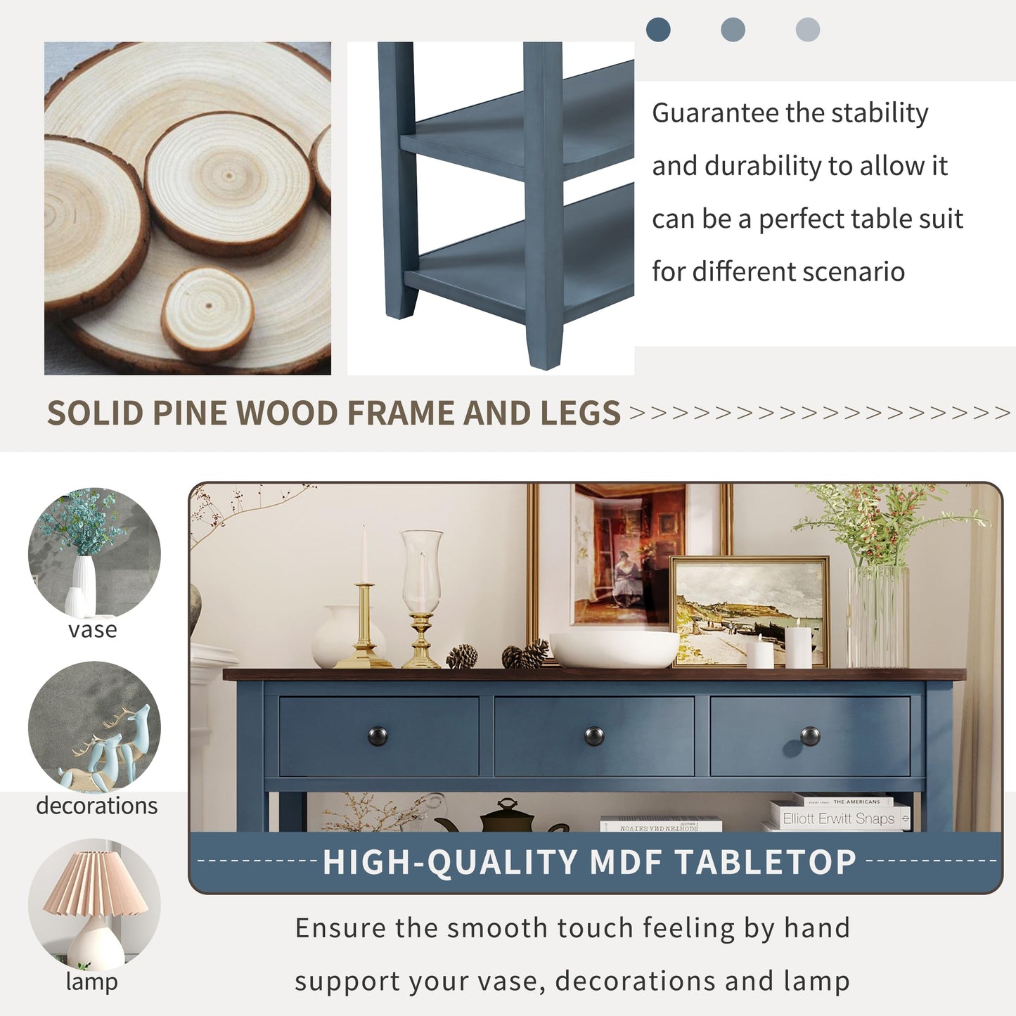 Merax Navy Retro Pine Wood Console Table with Drawers and Two Open Shelves for Entryway Hallway Living Room Bedroom, Type 11