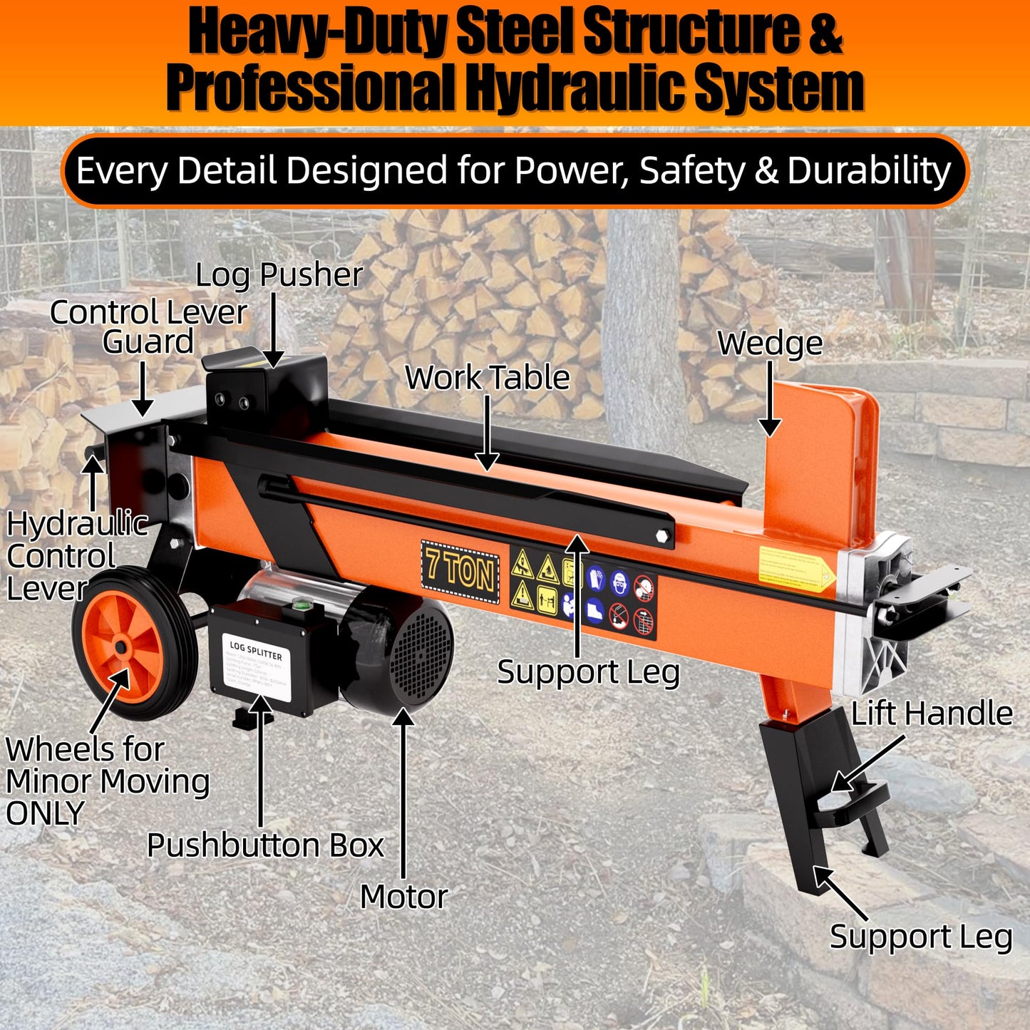 PPOLB 7 Ton Electric Wood Splitter, 15Amp Hydraulic Log Splitter, Portable Electric Log Splitter for Firewood, Compact Horizontal Wood Splitter for Backyard, Garage, Cabin - Orange