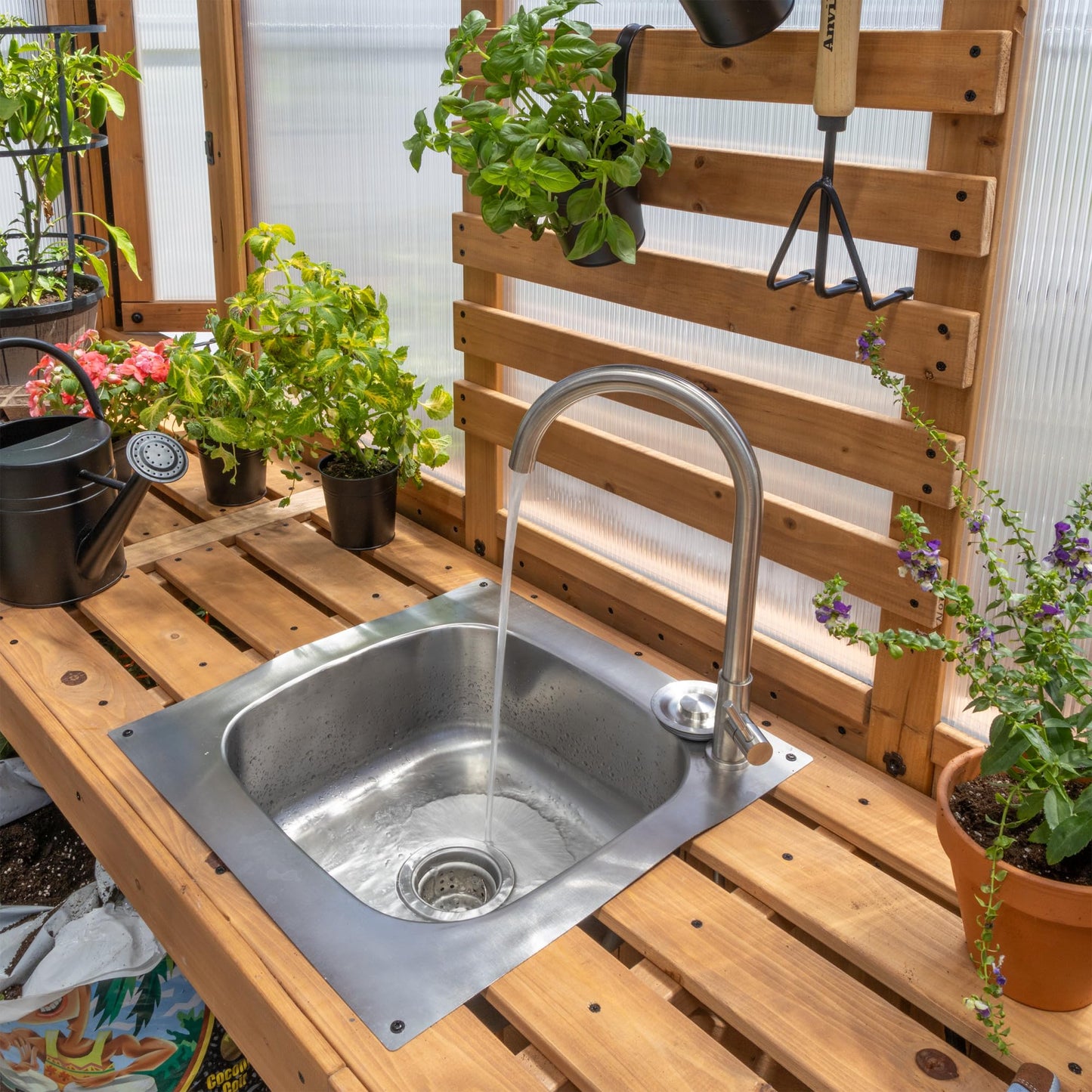 Backyard Discovery Savannah Chalet-Style 14.5' x 12' Cedar and Polycarbonate Walk-In Greenhouse Kit with Sink, Exhaust Fans, Windows, Hose Hook-Ups, PowerPort, Staging Shelves for Year-Round Gardening