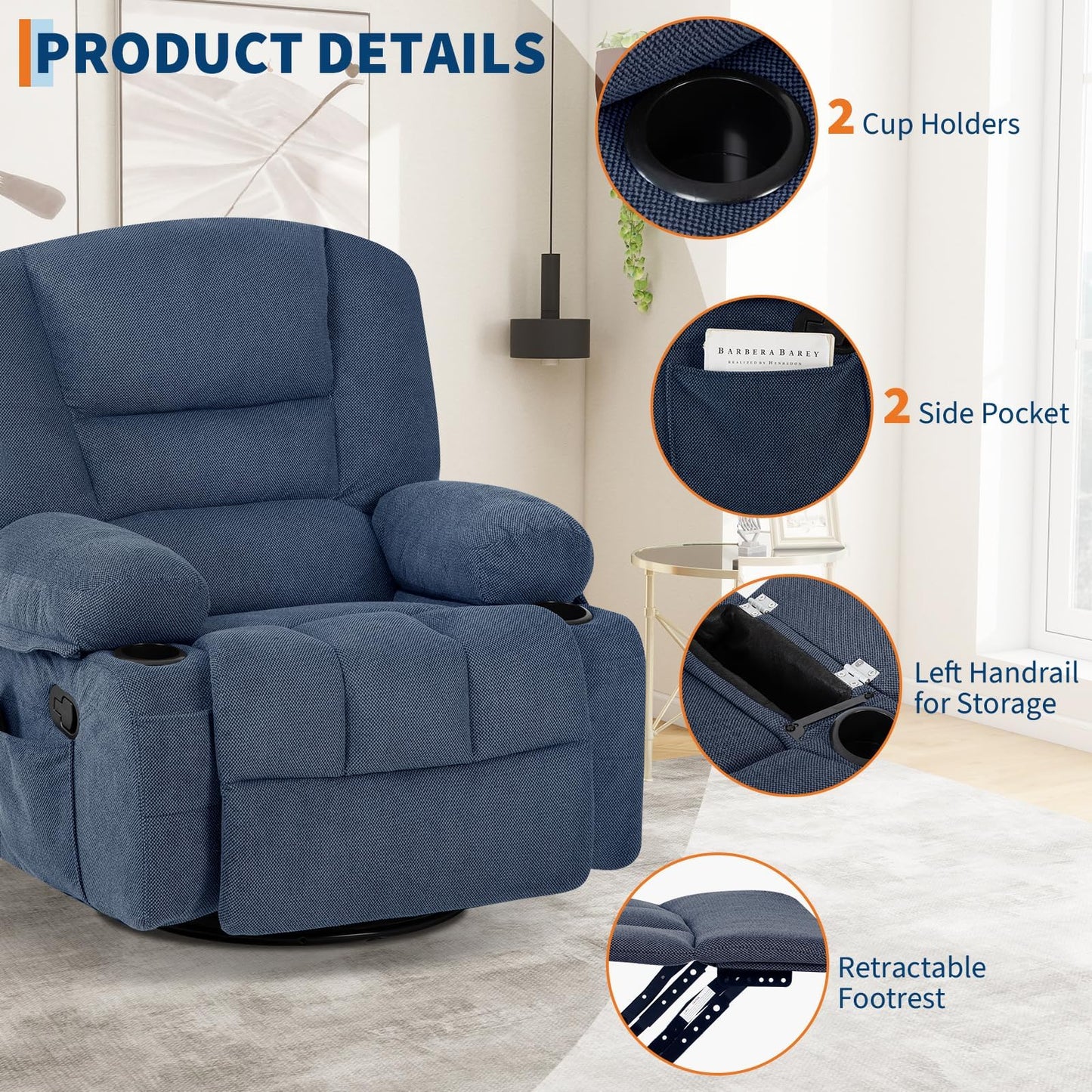 Oversized Swivel Rocker Recliner Chair for Adult,360° Swivel Rock Recliner with Massage&Heating,Extra Wide Manual Recliners, Upholstery Overstuffed Soft Rocking Sofa Chair