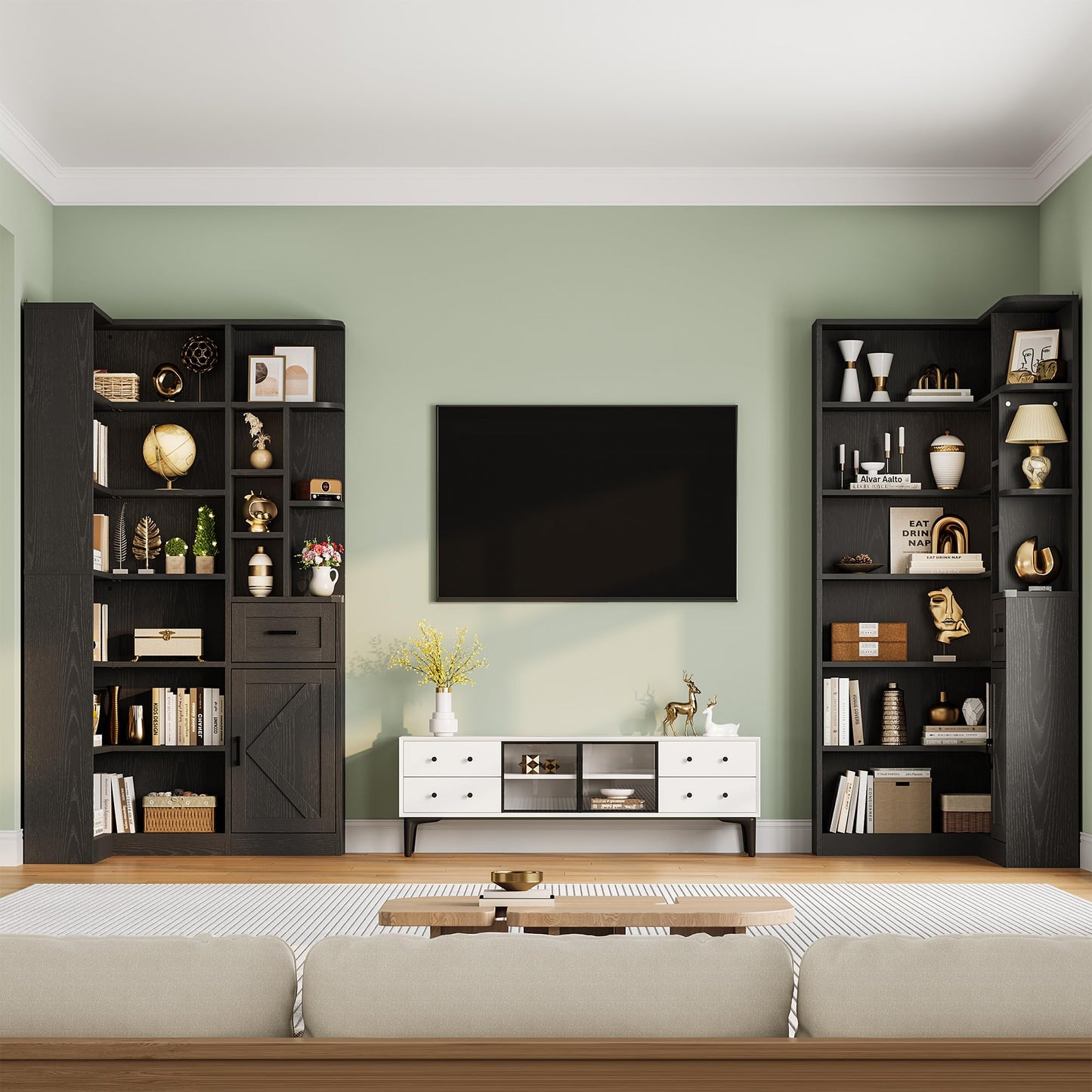 Garvee 74'' Tall Corner Bookshelf - 6-Tier Book Shelf with Drawer and Cabinets, l-Shaped Bookcase Open Storage Shelves Modern Display Shelf for Home, Office