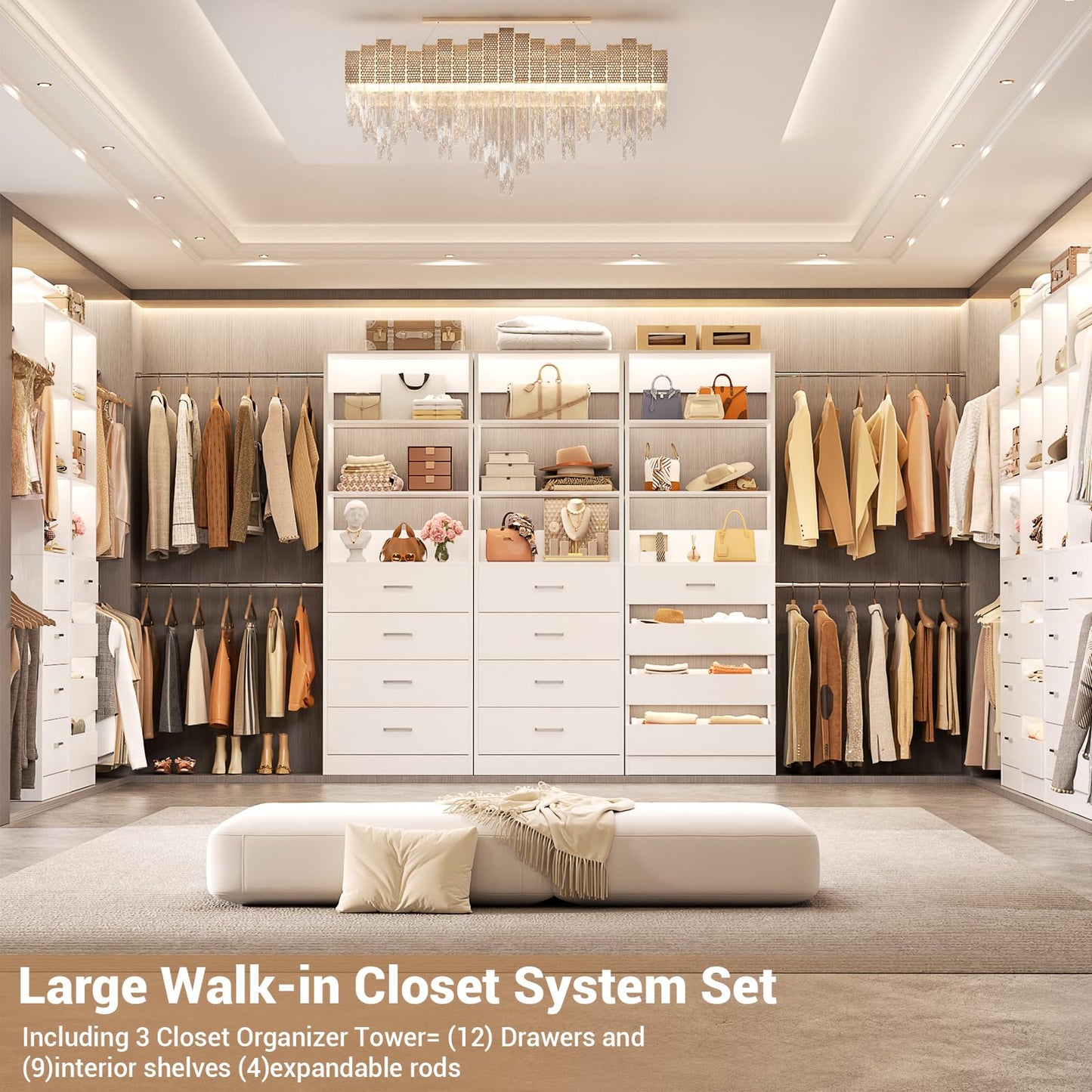 Aheaplus Closet System with 12 Drawers, 8.5-11.5Ft Wood Closet Organizer System with 4 Hanging Rods & 3 Towers, 4Ft & 6Ft L-Shaped Walk-in Closets Wardrobe Organizer Clothes Rack, Set of 3, White1