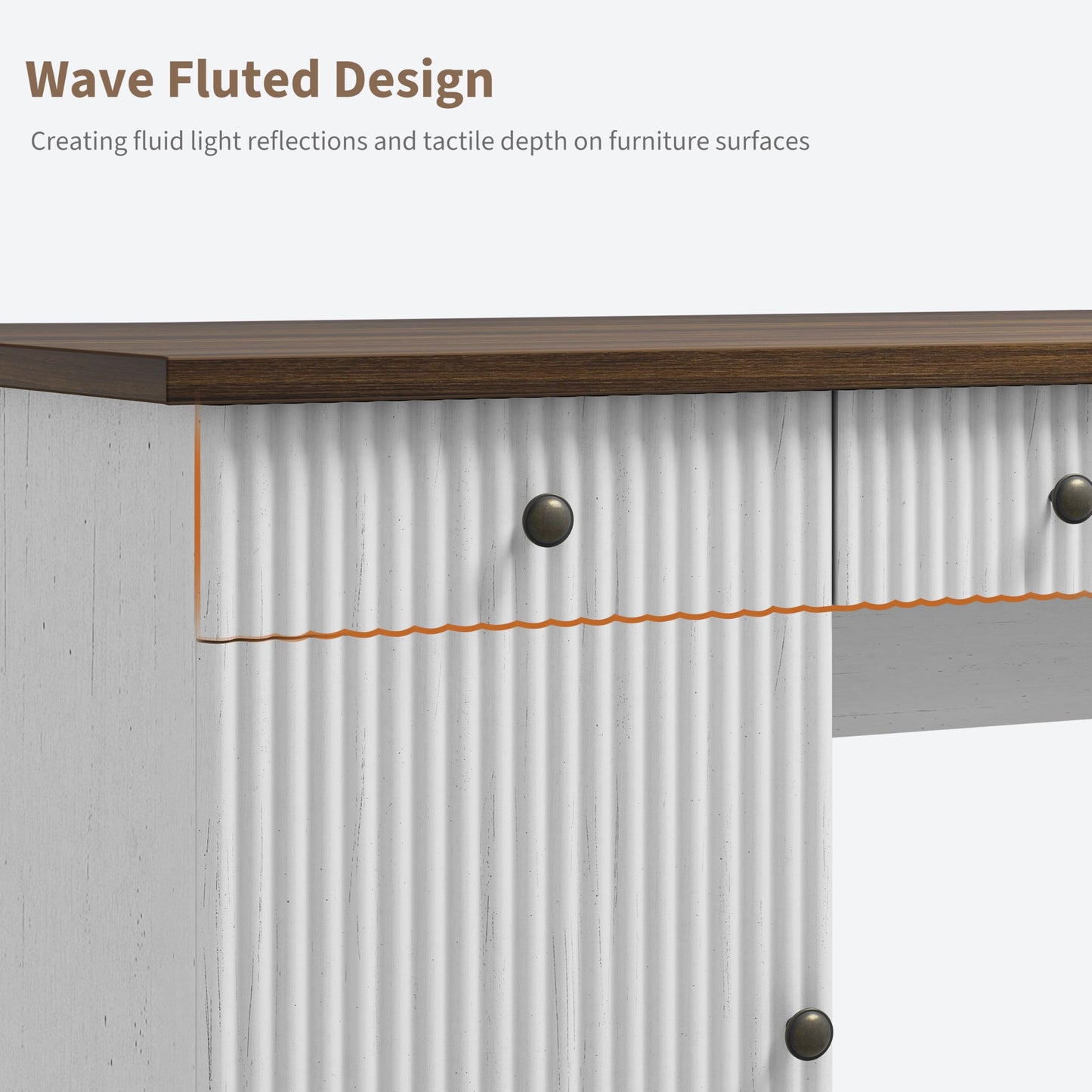 IDEALHOUSE 60 Inch Modern Executive Desk with Charging Station, USB-C/A Ports & 6.56ft Cord - Walnut & White Fluted Wood Office Desk with File Drawers, Sturdy Computer Desk for Home Office