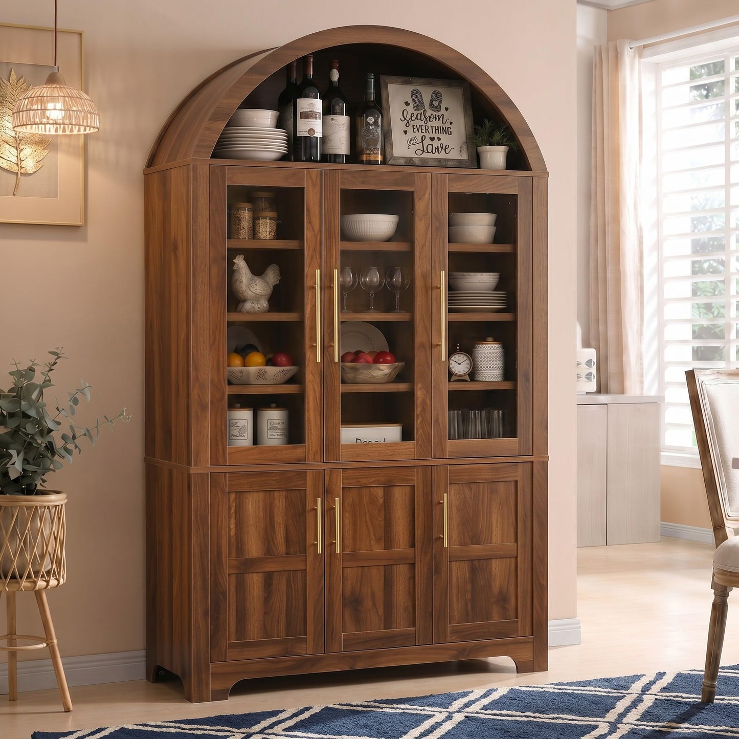 Merax 73" Tall Arched Kitchen Pantry Cabinet, Farmhouse Storage Cabinet with 3 Glass Doors, Adjustable Shelves & Door Racks, Tall Cupboard for Dining Room, Bathroom