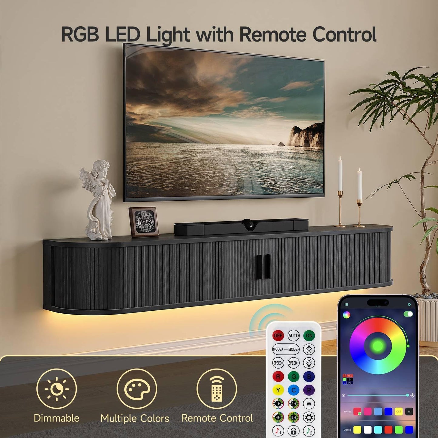 63" Floating TV Stand with Power Outlet for TVs up to 75", Fluted Entertainment Center with Remote Control for LED Lights, Mid-Century Modern TV Console w/Sliding Door for Living Room, Bedroom Black