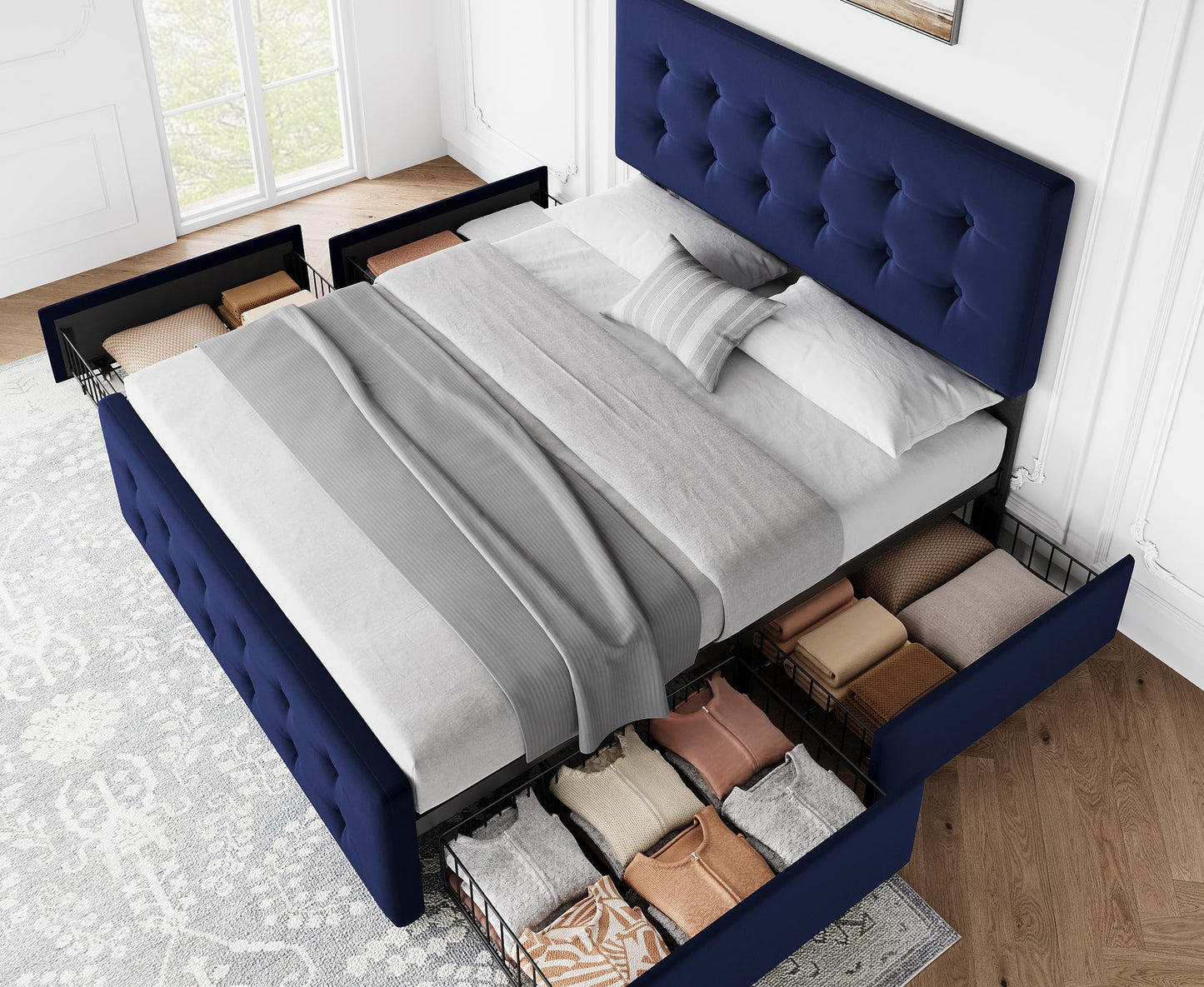 GAOMON Queen Size Bed Frame with 4 Drawers and Adjustable Headboard, Velvet Upholstered Platform Bed with Button Tufted Design, No Box Spring Needed, Strong Wooden Slats, Blue