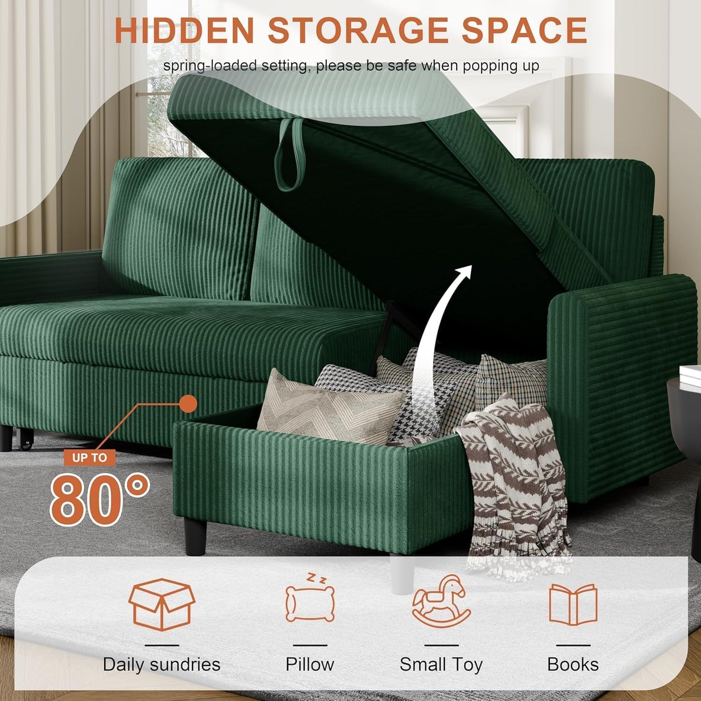 Shintenchi Futon Sofa Bed Convertible Couches L Shaped, 4‑in‑1 Sectional Sleeper Sofa Pull Out Couches for Living Room, Multifunctional Couch with Storage Chaise Corduroy Fabric, Green