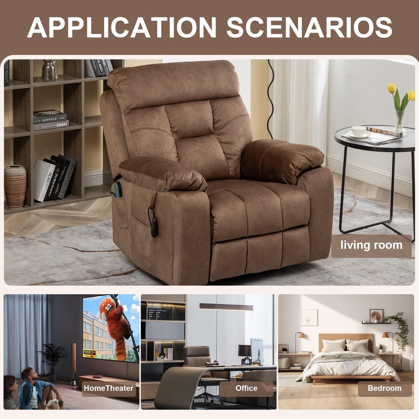 RHHVVR Oversized Lift Recliner Chairs for Big and Tall Adults, 26-inch Extra Wide Power Chair with Massage and Heating, Large Lay Flat Electric Recliner Sofa Chair, Coffee