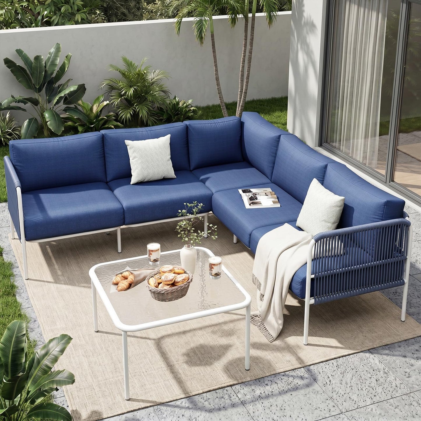 Jocoevol Patio Furniture Set, 6 Pieces Outdoor Sectional Sofa Set, L-Shaped Metal Patio Conversation Set with Side Table, Thick Cushions, All Weather Outdoor Couch for Backyard, Balcony, Garden