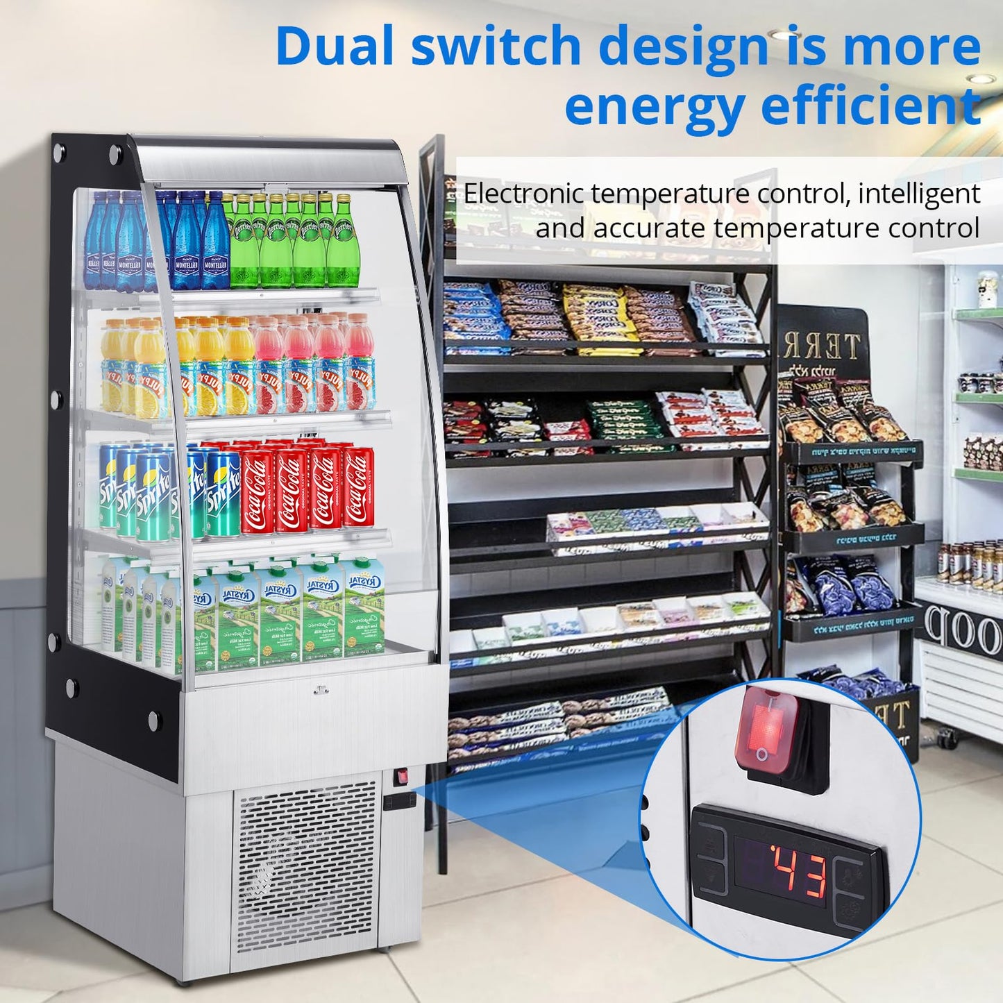 Professional 8.8 Cu.Ft Commercial Display Refrigerator Merchandiser, 3-Tier Air Curtain Fridge with LED Lights, 4 Swivel Wheels & Adjustable Shelves for Restaurants, Convenience Stores & Cafes