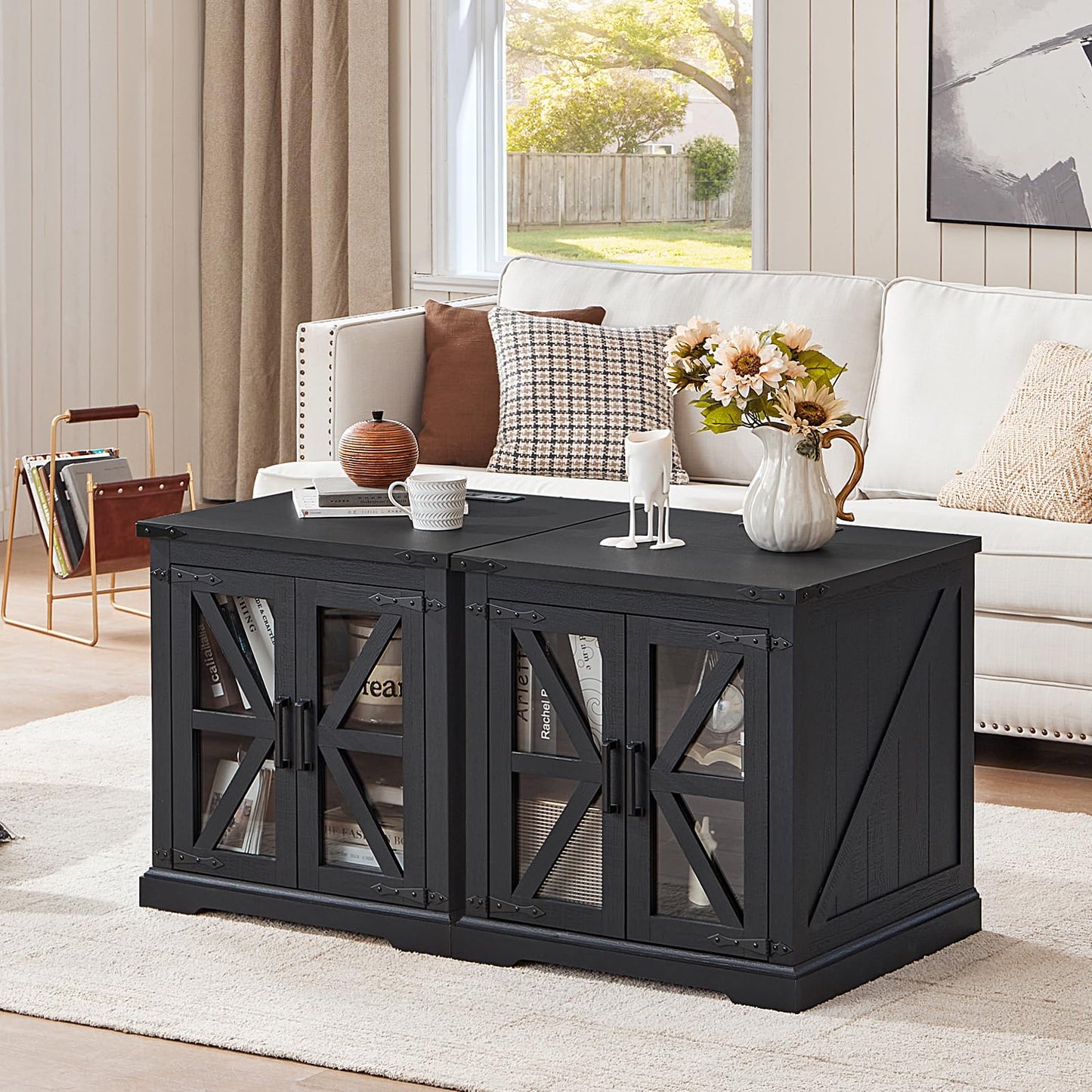 Joaxswe 24" End Table Set of 2 with Charging Station, Farmhouse Night Stand with Glass Barn Door, Nightstands with Adjustable Storage Shelf, Large Wood Square Bed Side Table for Living Room,Bedroom