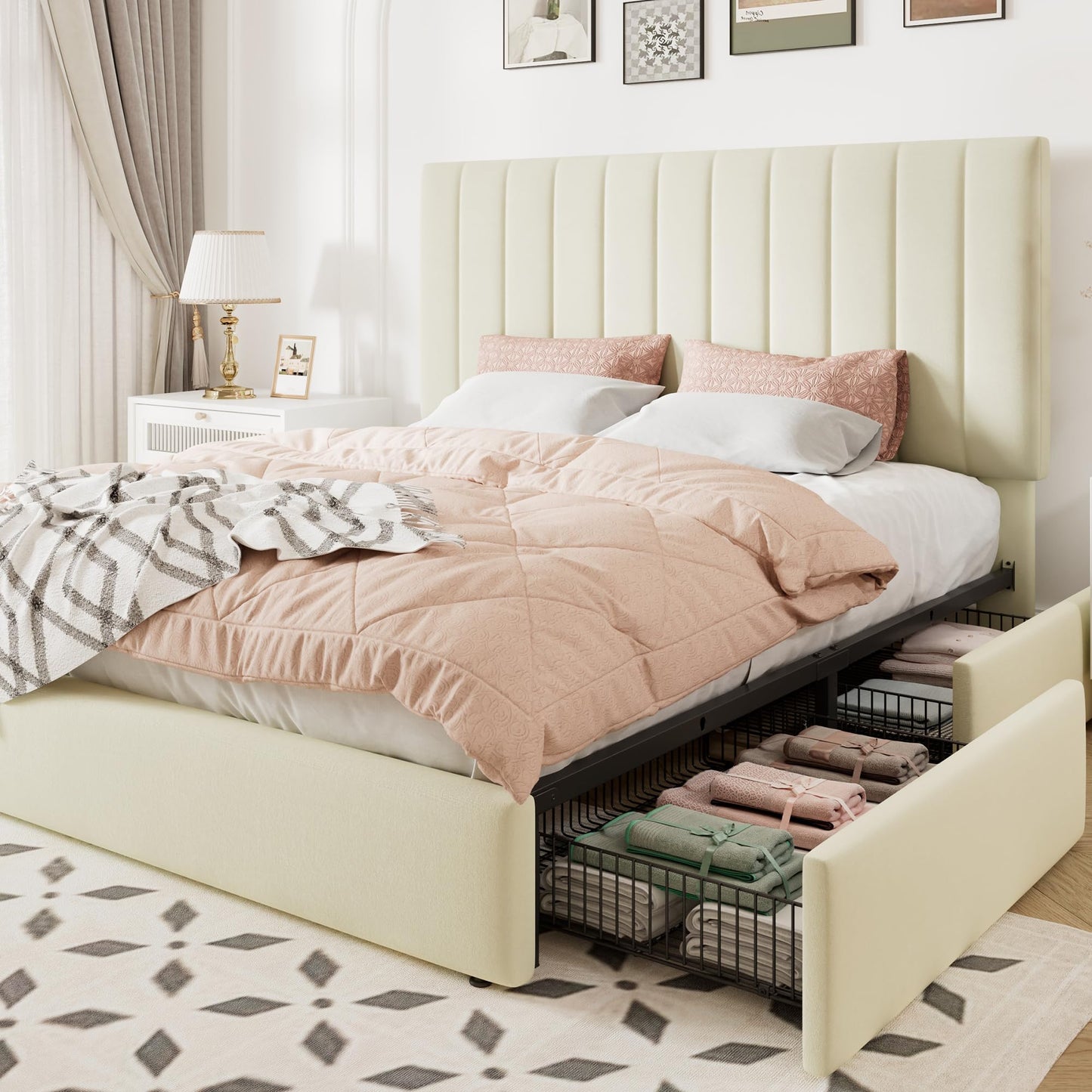 Allewie Queen Size Storage Bed Frame, Vertical Channel Tufted Adjustable Headboard, Velvet Upholstered Platform Bed with 4 Oversized Underbed Drawers, Wooden Slats Support, No Box Spring Needed, Cream