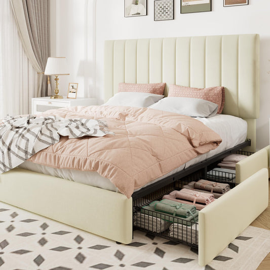 Allewie Full Size Storage Bed Frame, Vertical Channel Tufted Adjustable Headboard, Velvet Upholstered Platform Bed with 4 Oversized Underbed Drawers, Wooden Slats Support, No Box Spring Needed, Cream
