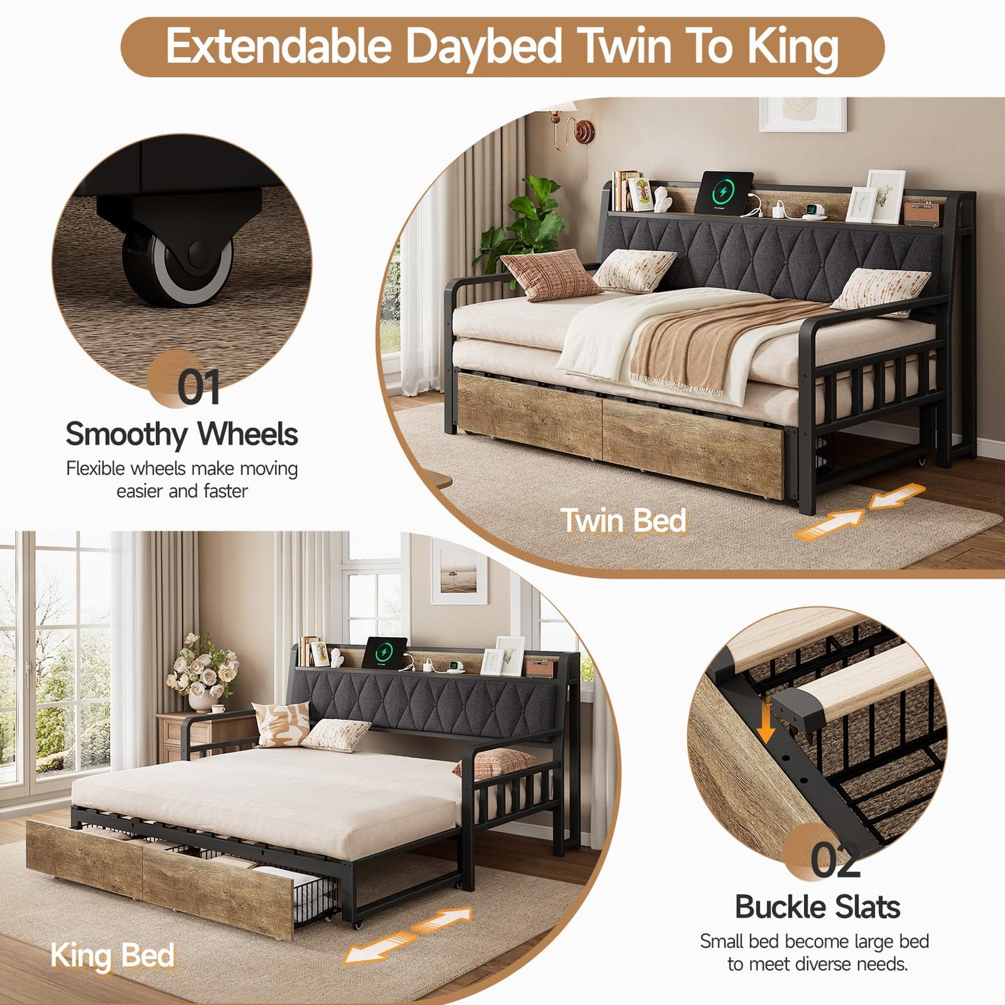 Convertible Daybed with Trundle, Twin to King Sofa Bed with Storage Drawers, Day Beds with Pop up Trundle, Upholstered Headboard & Power Outlet, Metal Platform Frame for Living Room, Guest Room, Black