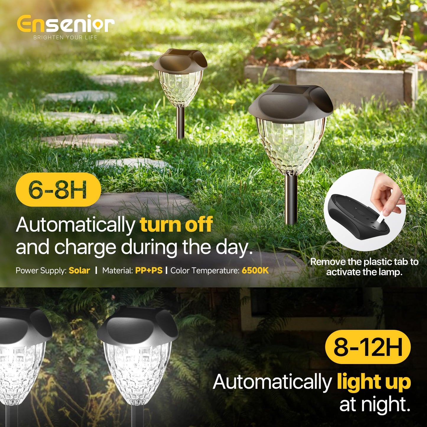 Ensenior 12-Pack Solar Garden Lights, Cool White LED, Auto ON/OFF, Waterproof, Plastic, Model CP3-10CM-65K-12-BL-ZY-M02