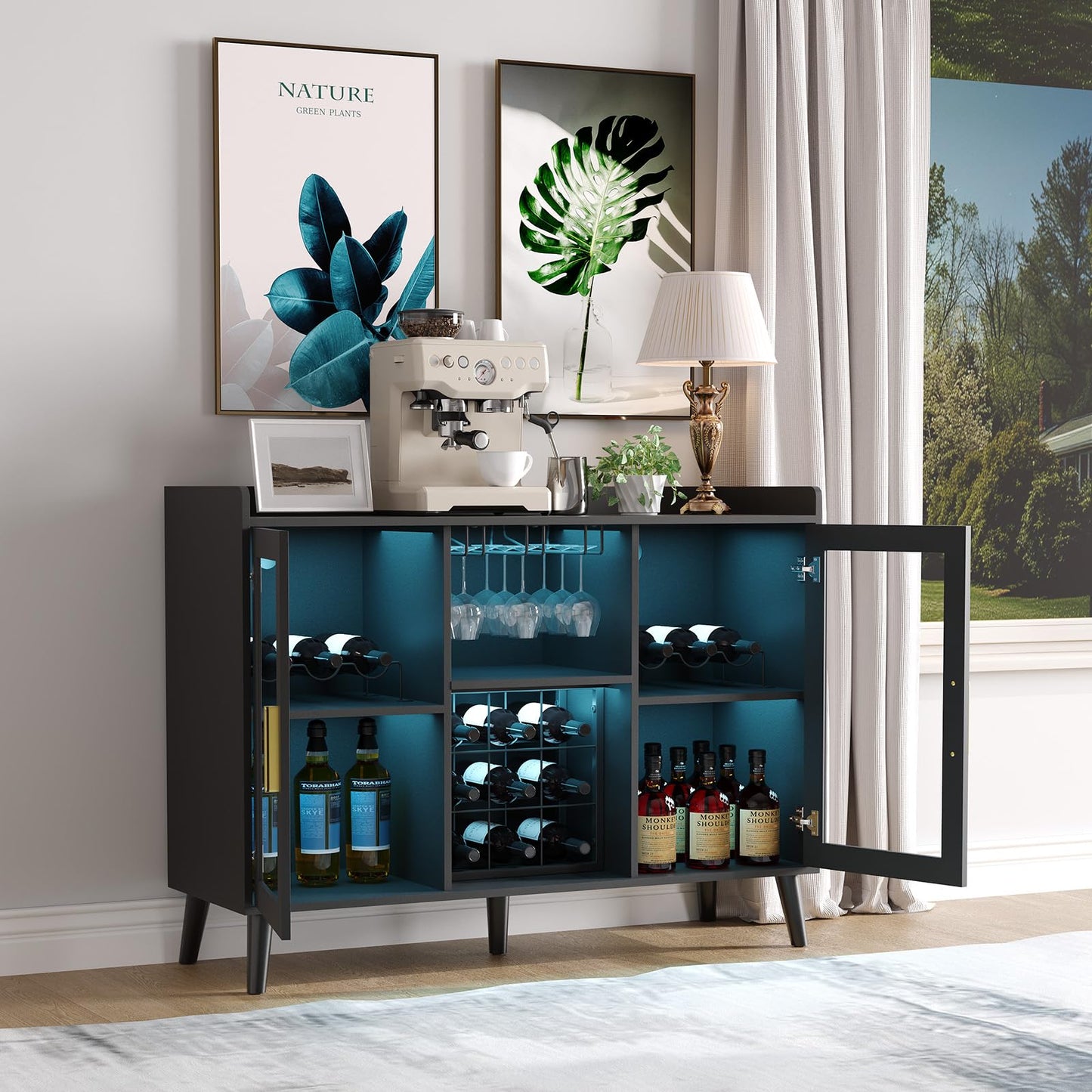 Patikuin Modern Wine Bar Cabinet with Adjustable LED Lighting, Glass Doors, Wine Rack & Glass Holder – Multi-Functional Freestanding Liquor Sideboard for Dining Room, Kitchen, Living Room – Color: