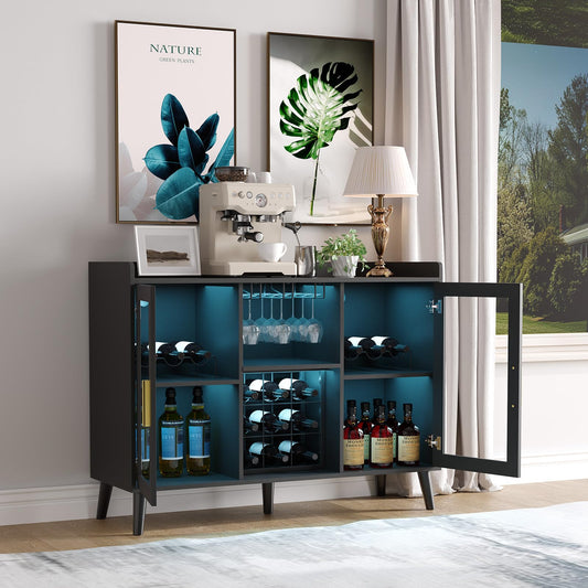 Patikuin Modern Wine Bar Cabinet with Adjustable LED Lighting, Glass Doors, Wine Rack & Glass Holder – Multi-Functional Freestanding Liquor Sideboard for Dining Room, Kitchen, Living Room – Color: