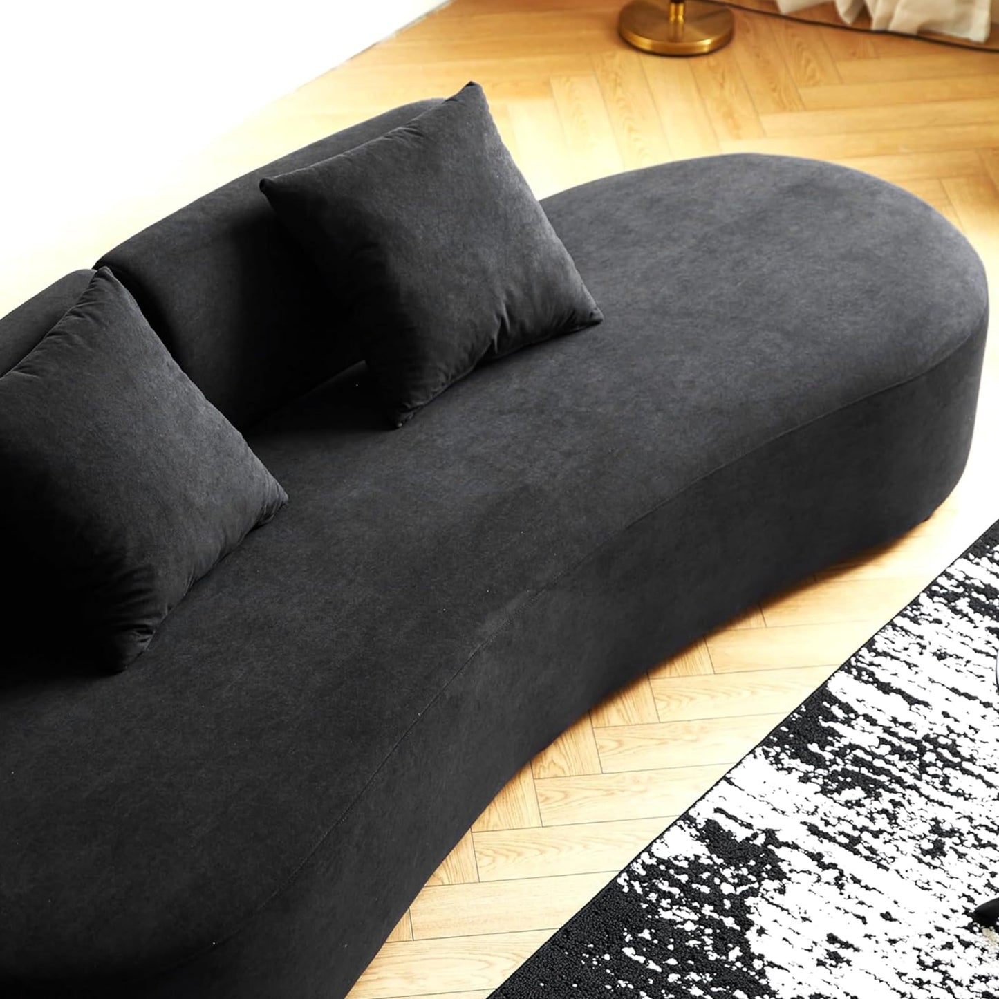 Container Furniture Direct 90" Curved Sofa with Throw Pillows, 4 Seater Luxury Velvet Couch with Half Moon Design and High-Density Foam, Ideal for Modern Living Room, Office & Apartment, Black