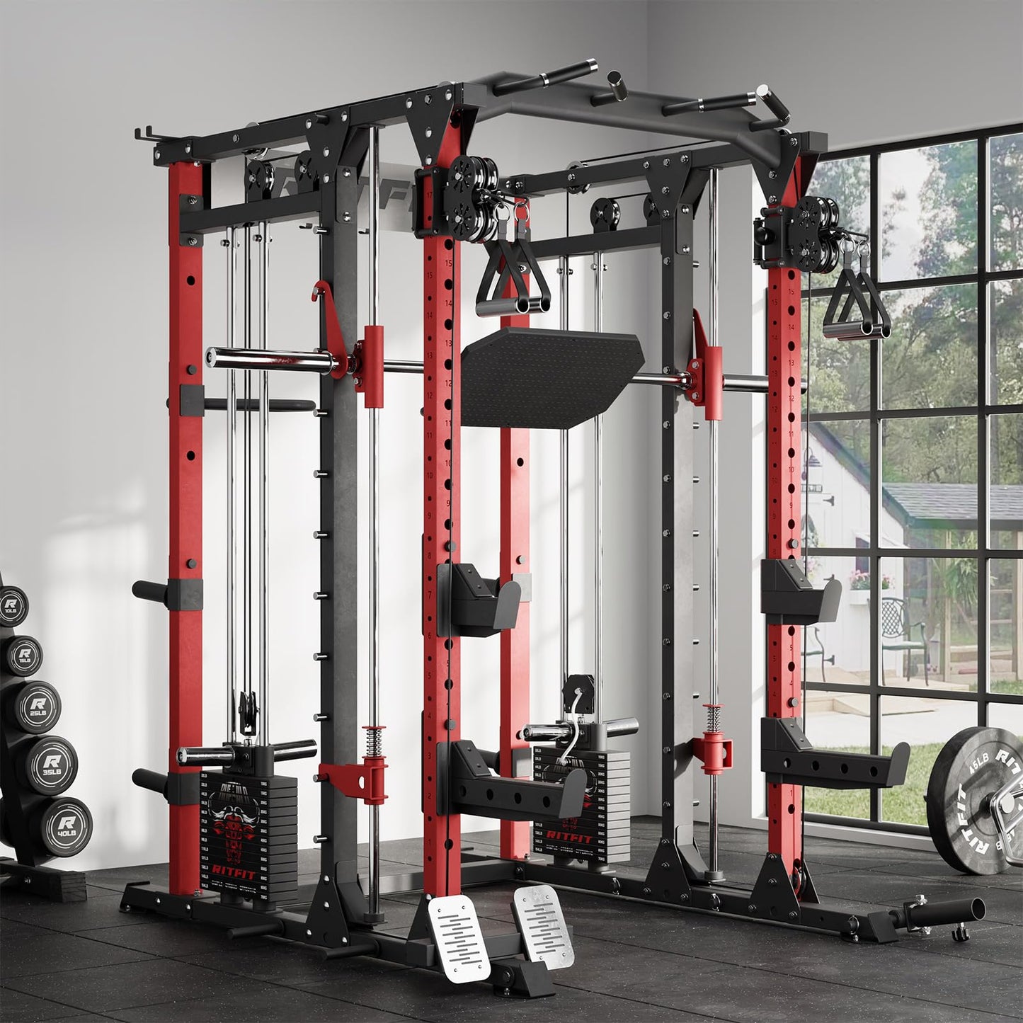 RitFit Buffalo Smith Machine Package, All-in-One Power Cage with Weight Stack , Power Rack with Cable Crossover & Leg Press Attachment for Home Gym(RED,BP260)