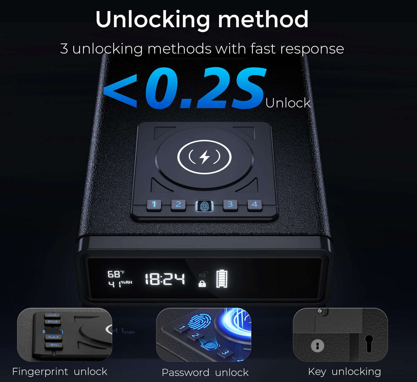 ORARAER Biometric Safe with Wireless Charging, 3 Access Methods to Unlock, Nightstand Drawer Safe LED Display with Humidity & Temp, Money Box for Cash and Valuables,Birthday Gifts for Men