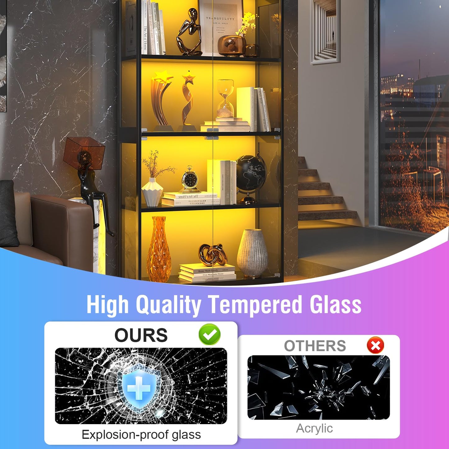 knoworld Display Cabinet with Glass Doors, 63" Tall Curio Cabinet with Human Sensor RGB LED Lights, 4-Tier Glass Display Case with 15mm Thick Shelves for Action Figures, Collectibles, Books - Black