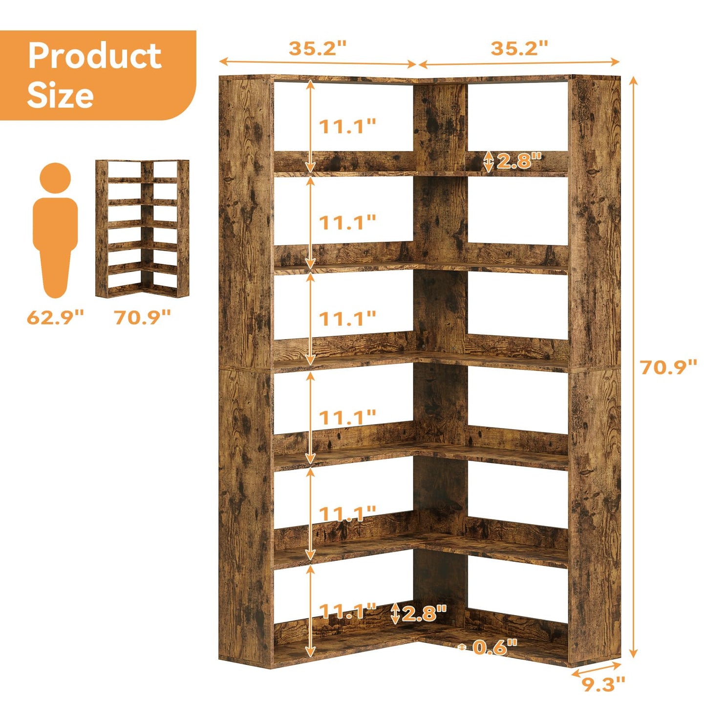 IDEALHOUSE Corner Bookshelf, 6 Tiers Corner Bookcases with Baffles, Corner Shelf L Shaped Bookshelf Storage Display Rack Living Room Bedroom