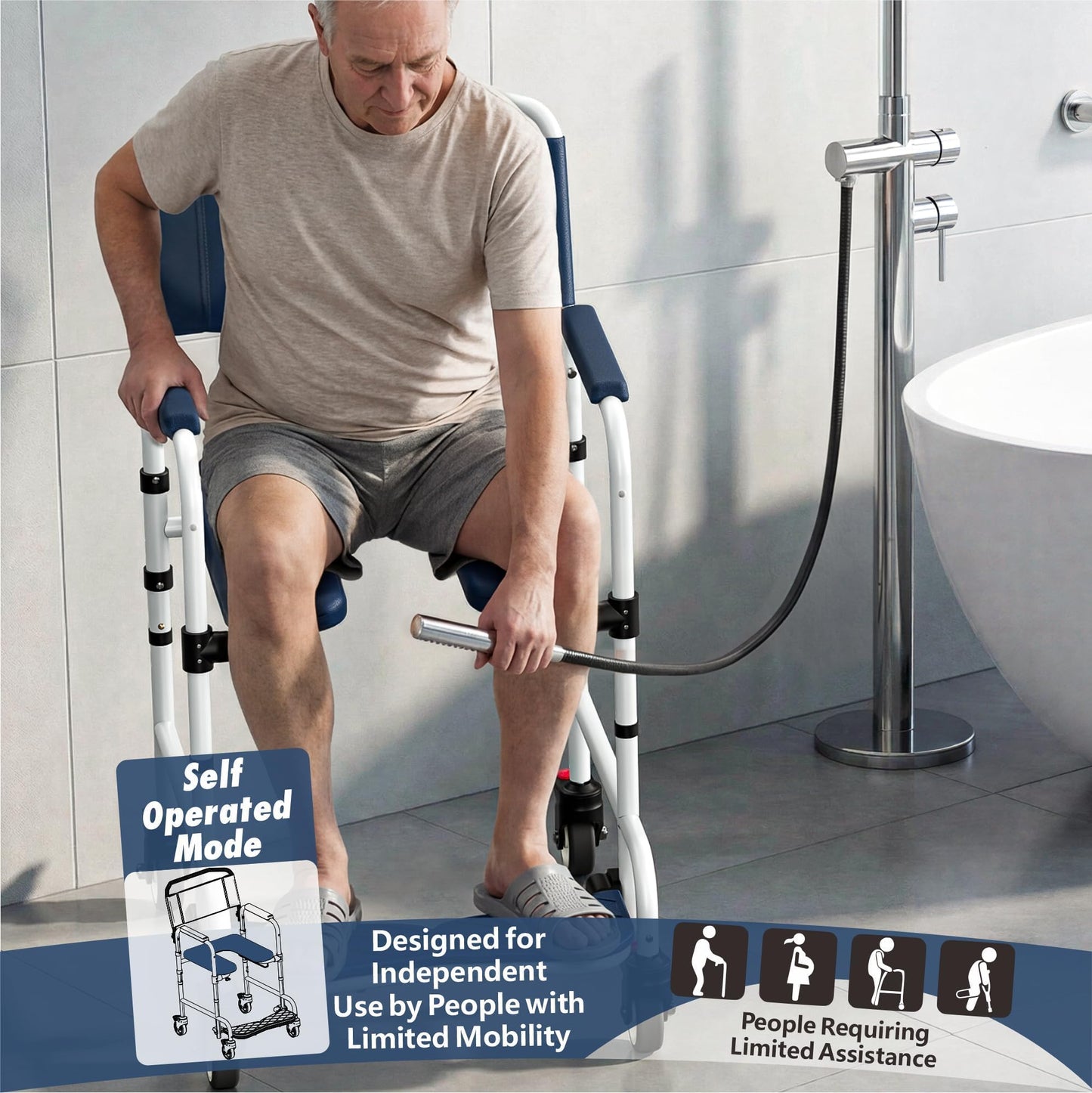 Shower Chair with Wheels, Two Modes Commode Chair for Elderly and Disabled