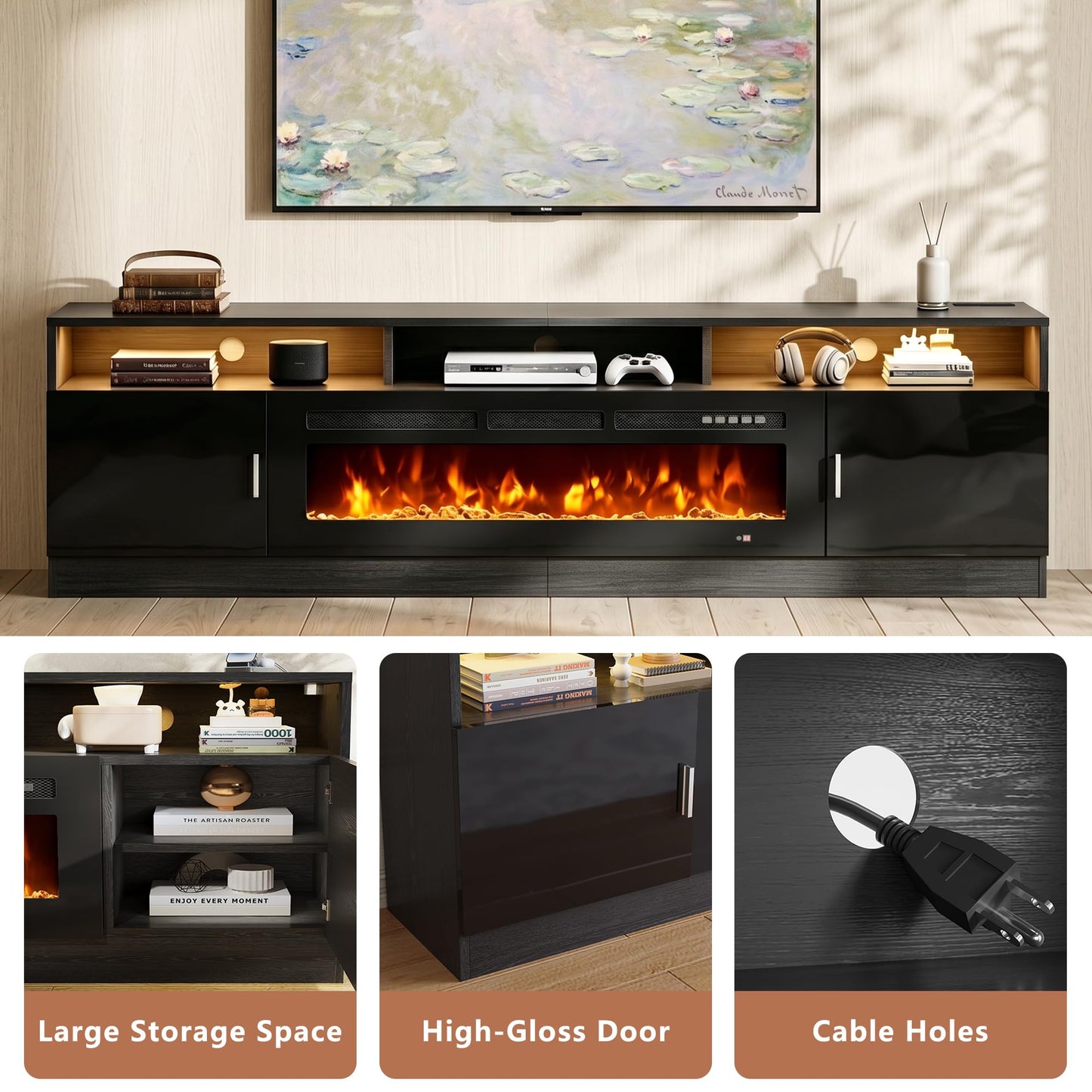 MXV 70" Fireplace TV Stand with Power Outlet for TVs UP to 80", Electric Fireplace Entertainment Center with LED Lights & Storage Cabinets, TV Console for Living Room, Office, Black-Black