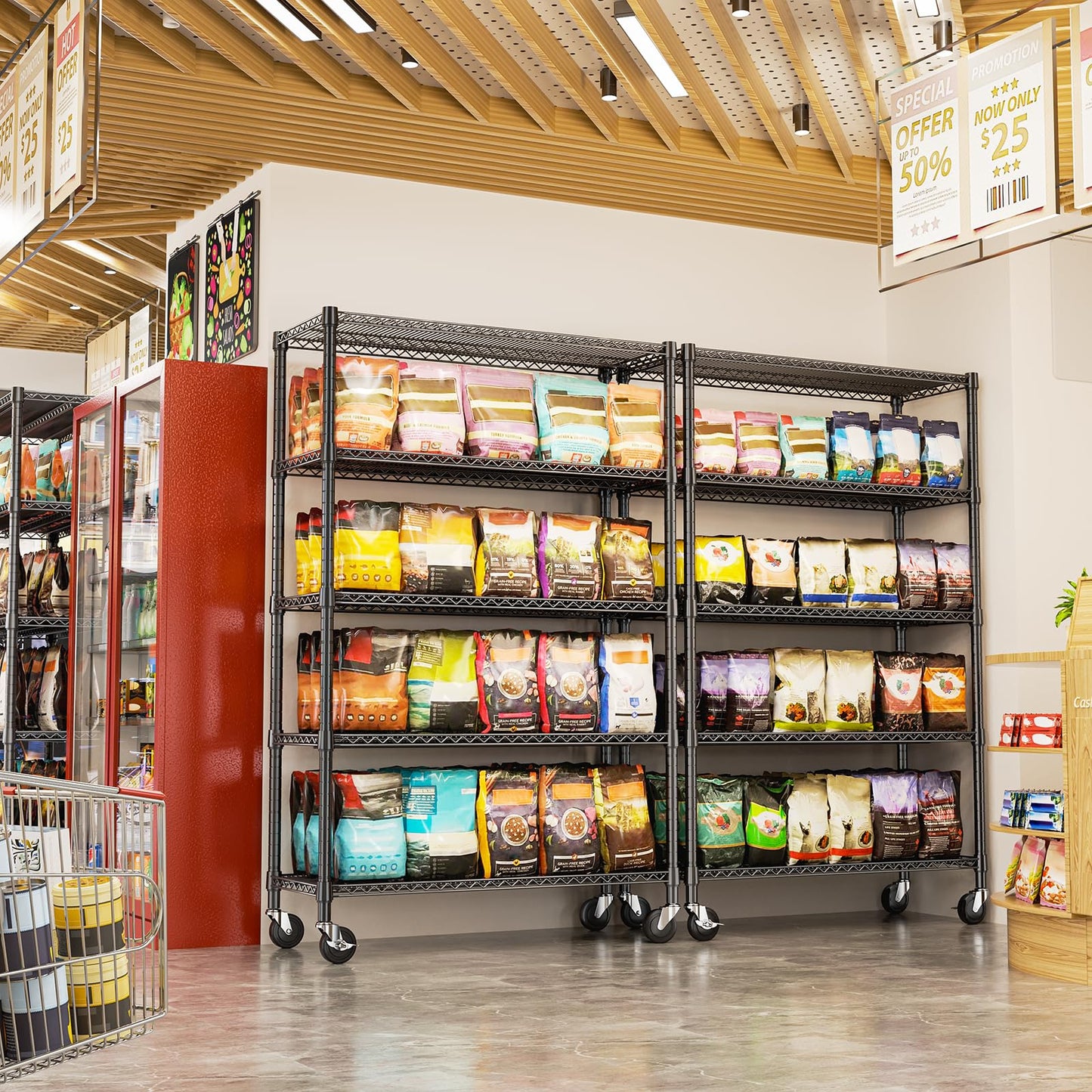 IZEUK 1500LBS Black Pantry Shelving 23.6" D x 53.1" W x 73.6" H Storage Wire Rack Shelf, 5 Tier Steel Adjustable Garage Wire Shelving Unit for Pantry, Kitchens and Basement